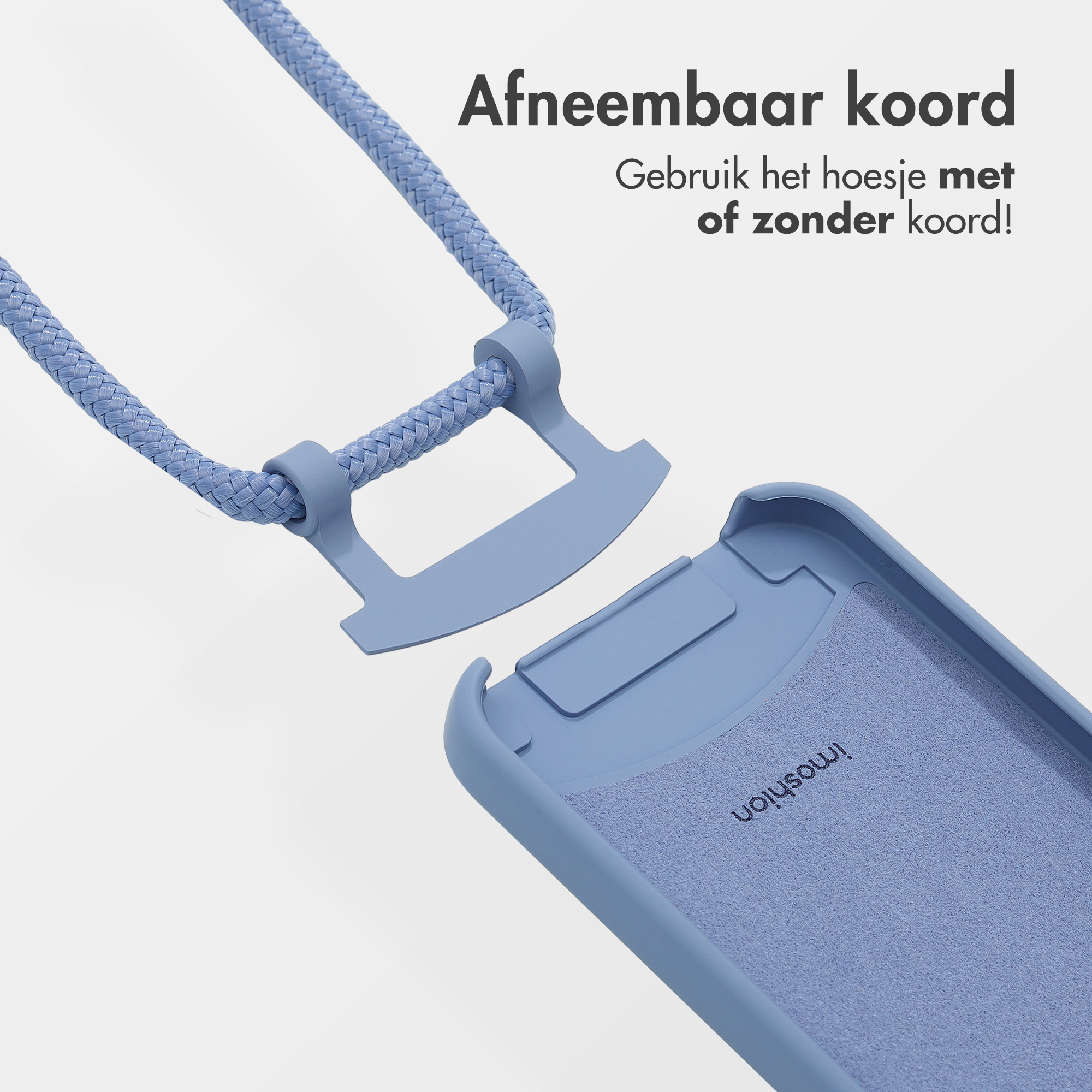 Une coque de téléphone avec une sangle détachée. La coque est bleue avec le mot 'Imoshion' imprimé à l'intérieur.