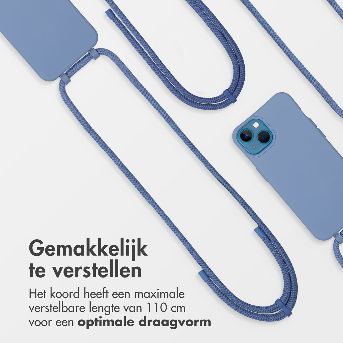 Un étui de téléphone bleu avec un cordon bleu, montrant le téléphone et le cordon.