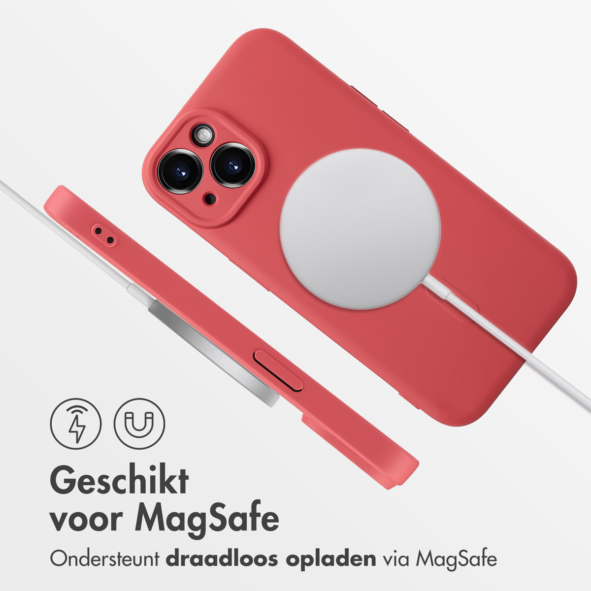 Red phone case with a white charger and phone. The background is white.