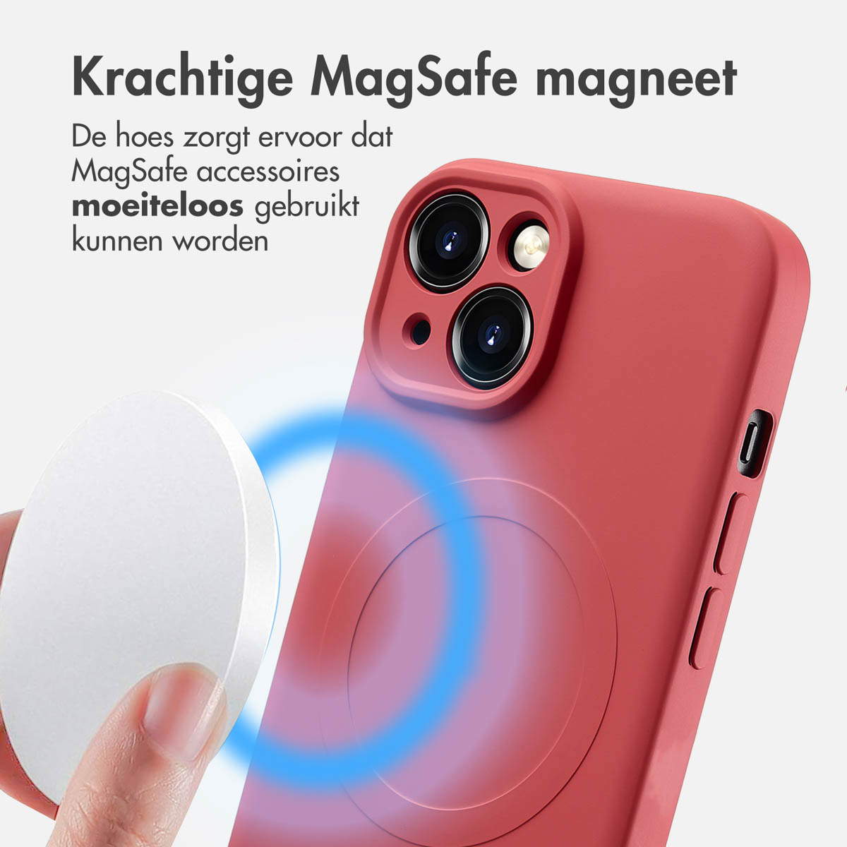 Red phone case with MagSafe and a white charger, illustrating how the accessories work.
