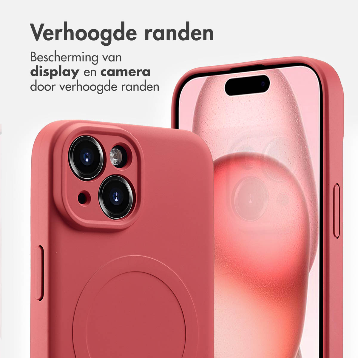 Red phone case and phone with a screen. Raised edges, clear MagSafe circle on the case.