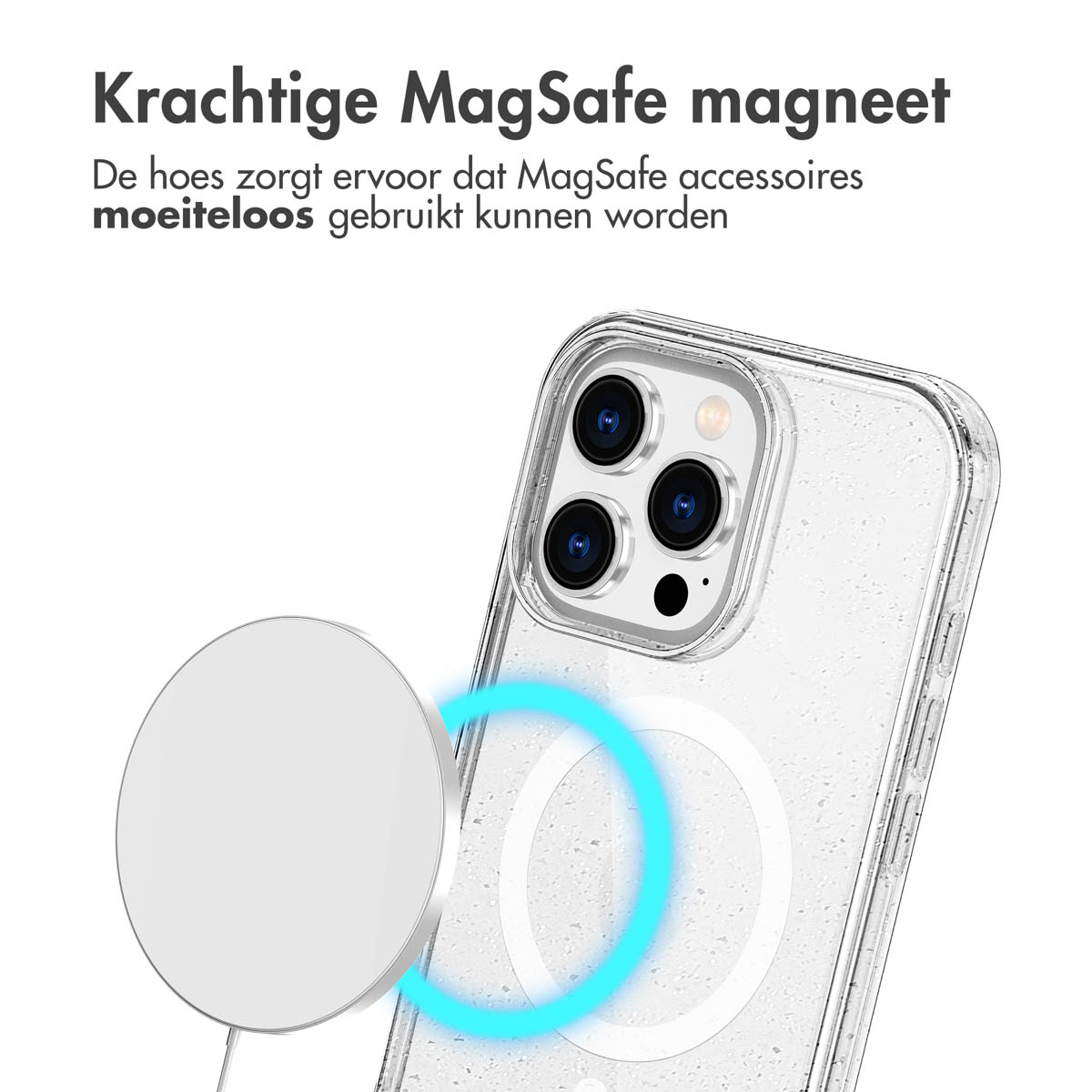 Transparante telefoonhoes met een MagSafe-oplader. Blauwe ring benadrukt de verbindingszone.