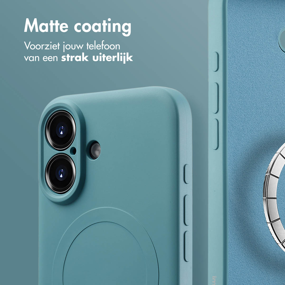 Coque de téléphone turquoise. Gros plan des objectifs et d'une finition mate.