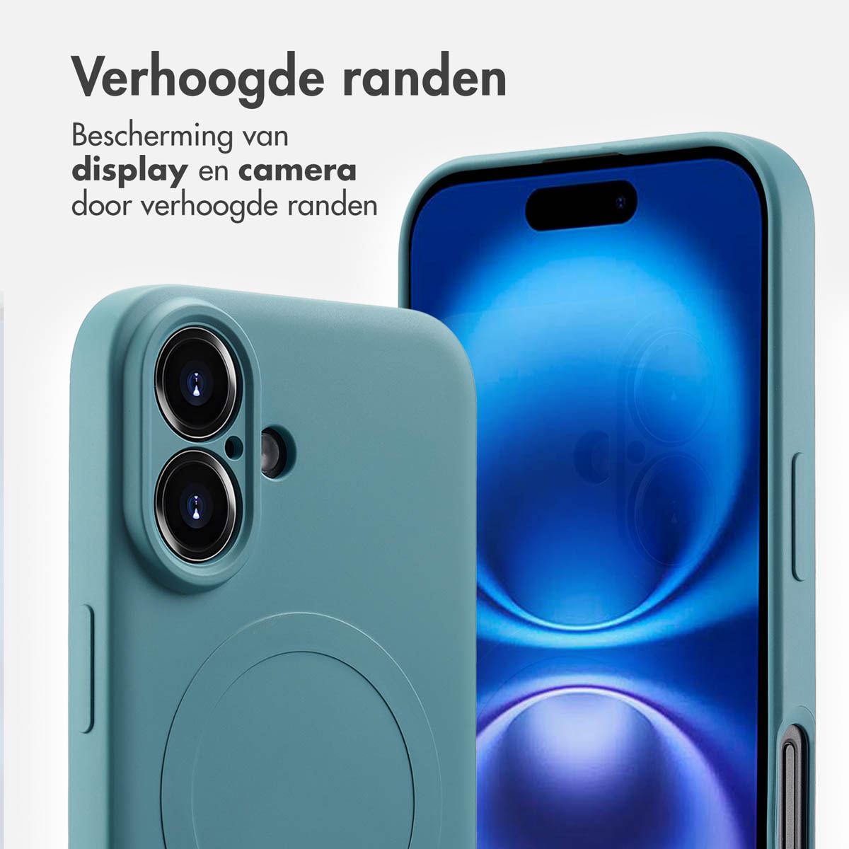 Une coque de téléphone bleu-vert à côté d'un téléphone avec un écran bleu. Le fond est blanc.