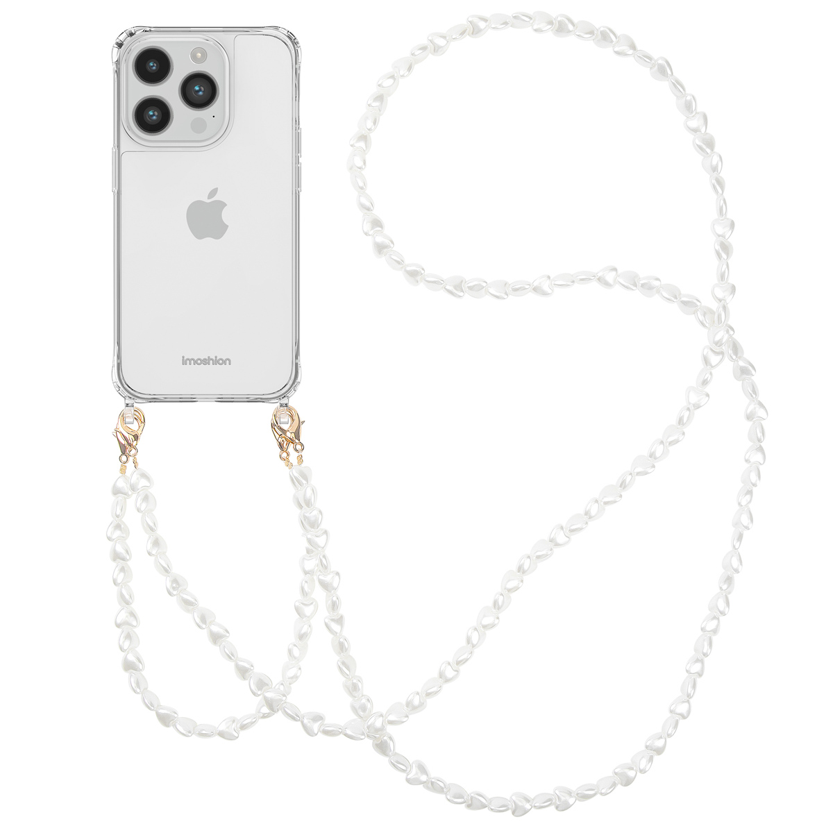 Een transparante telefoon met een parelketting. De telefoon heeft een logo achterop.