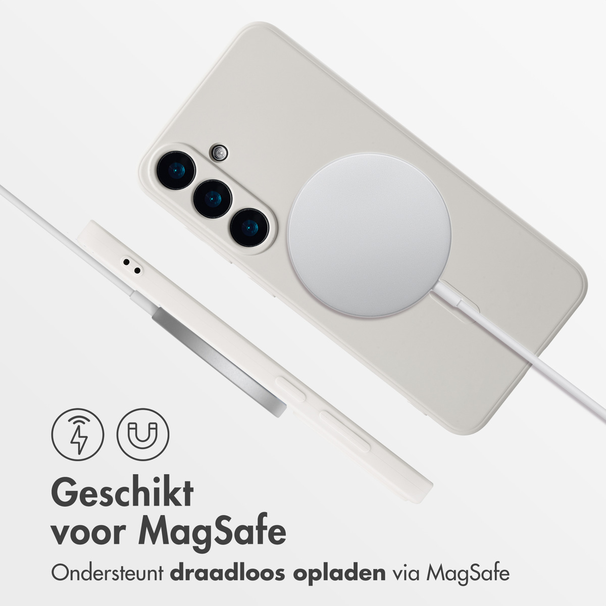 Een telefoon met een MagSafe-lader. Tekst: 'Geschikt voor MagSafe', met symbolen voor draadloos opladen.