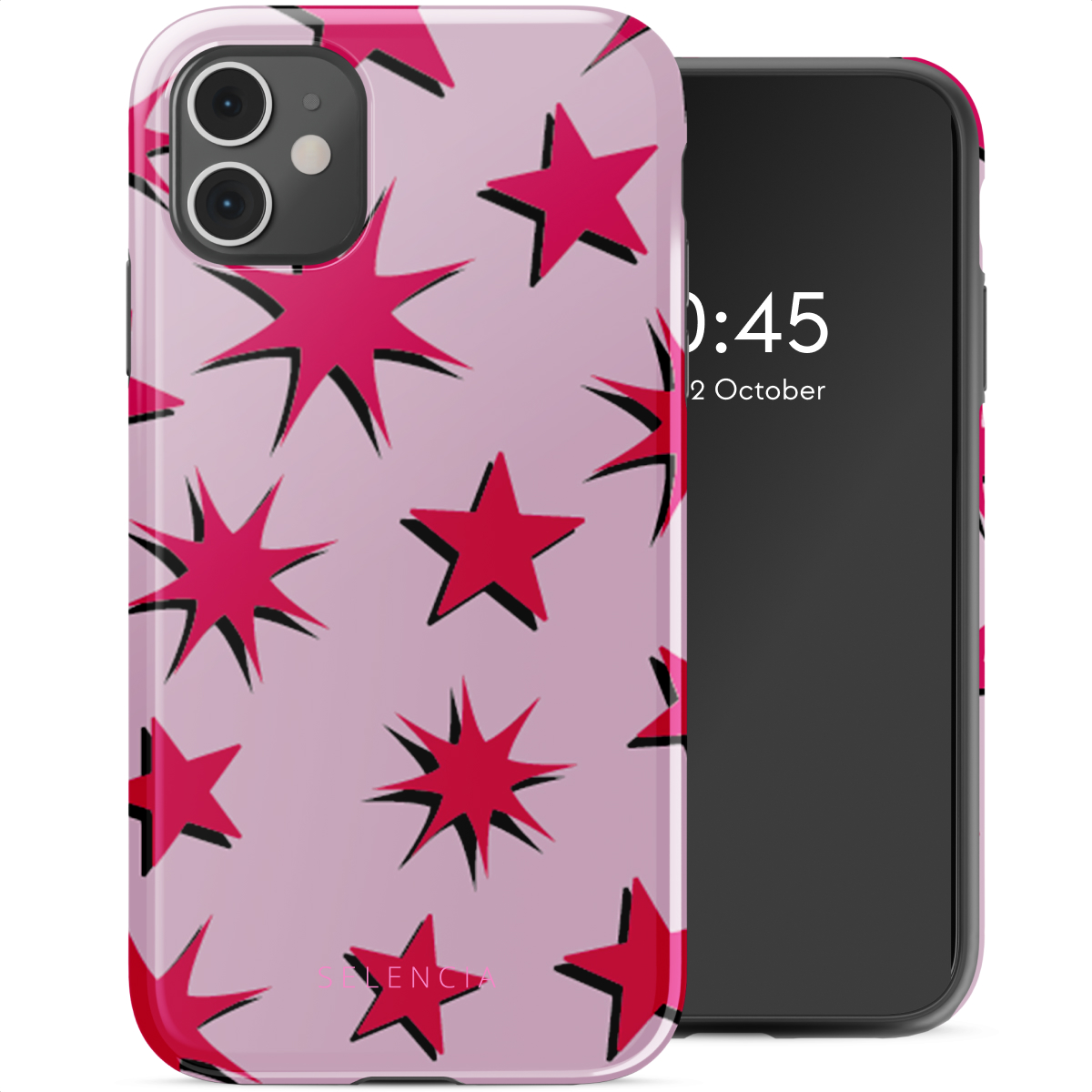 Smartphonehoesje met rode sterren op een roze achtergrond, naast een smartphone.