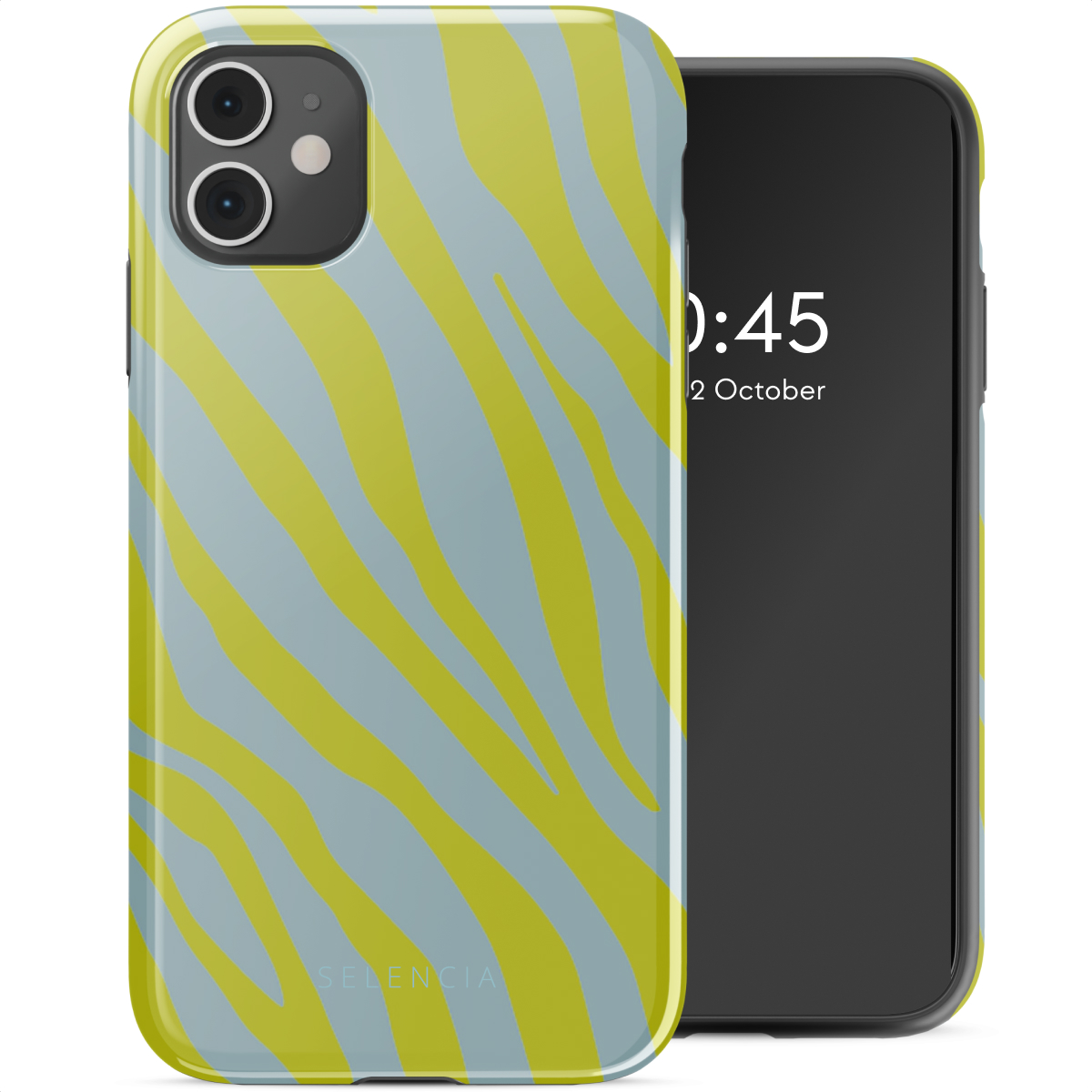 Une coque de téléphone avec un motif zébré. Le téléphone est à droite avec un écran noir.