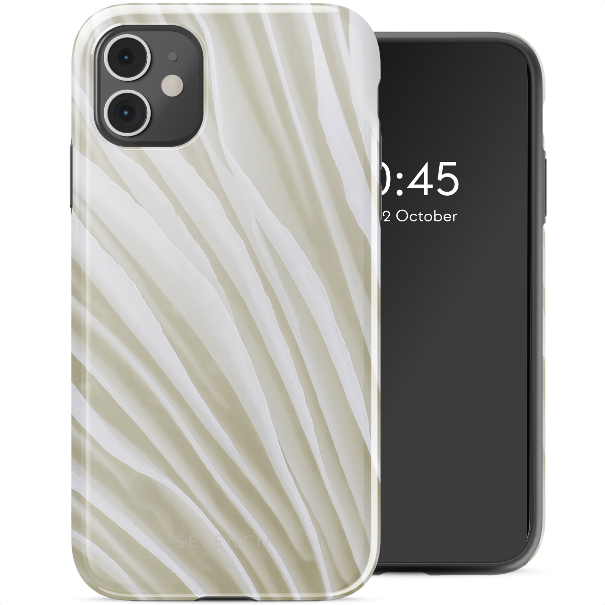 Téléphone avec coque zébrée. L'écran affiche l'heure. Coque blanche à rayures beige.