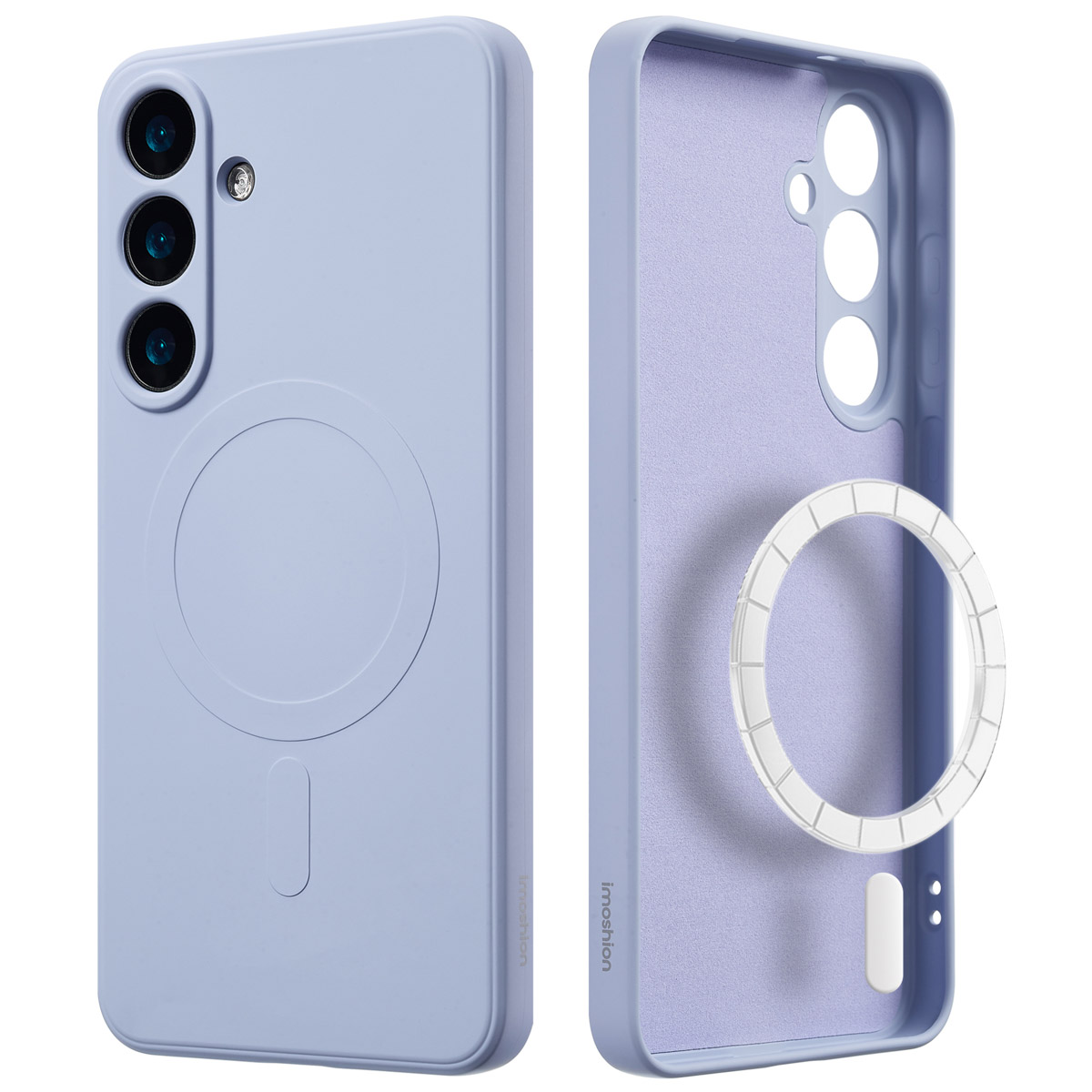 Twee lichtblauwe telefoonhoesjes, waarvan er één de interne structuur en magnetische ring laat zien.