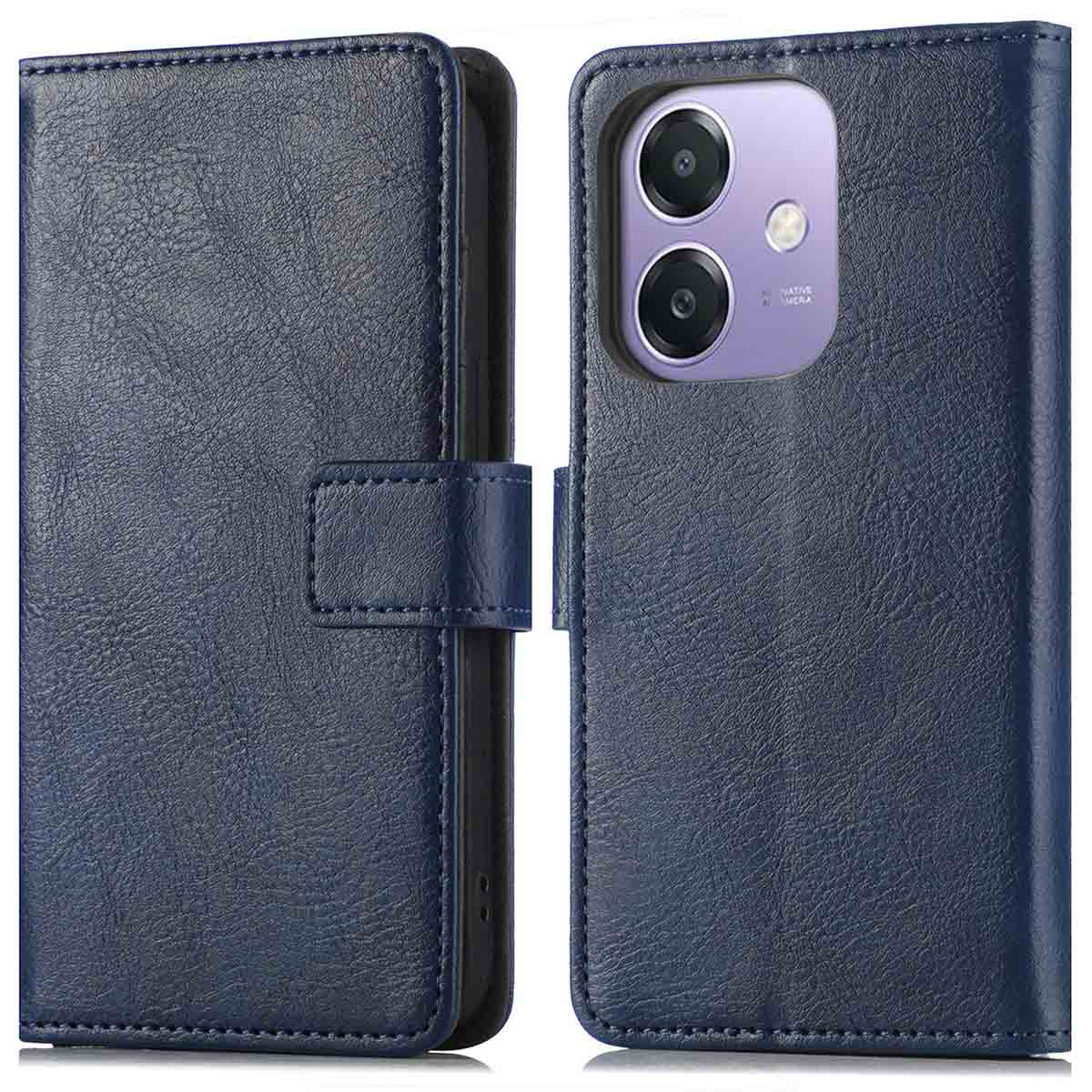 Étui portefeuille en cuir bleu marine avec fermeture à bouton. Le téléphone est également bleu marine.