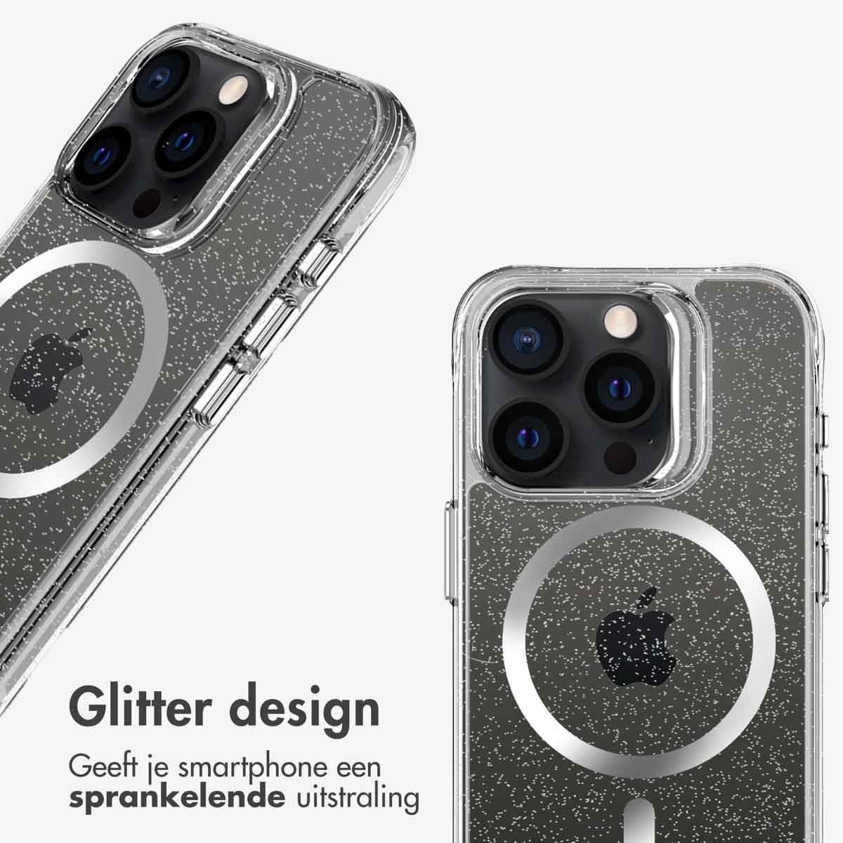 Een telefoon in een doorzichtige hoes met glitters. De telefoon staat op een witte achtergrond.