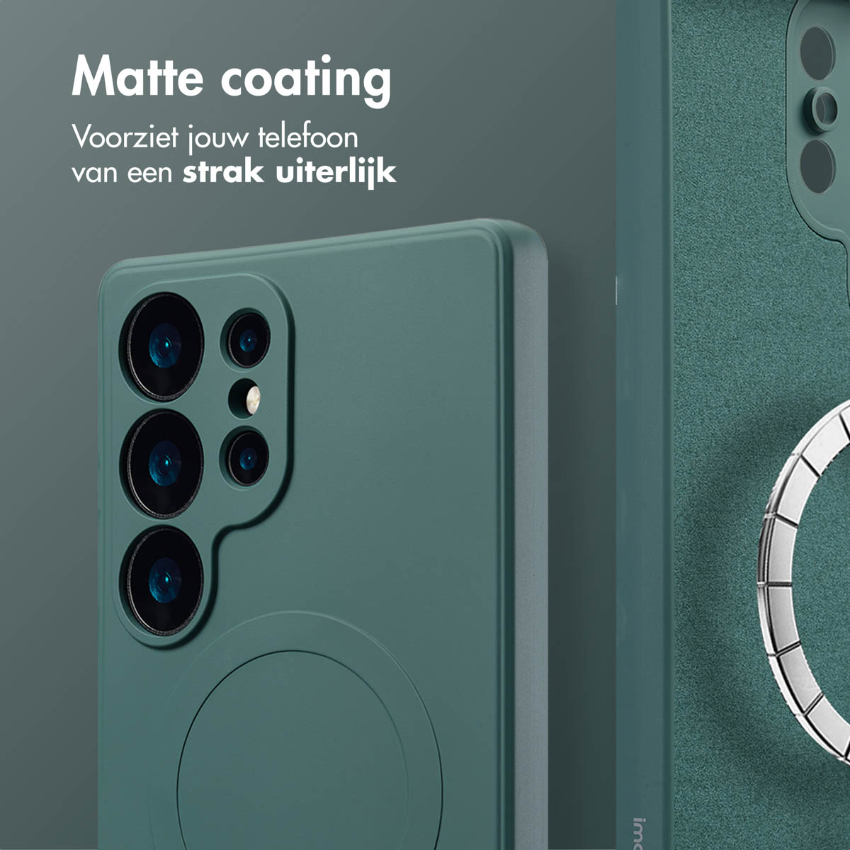 Een donkergroen telefoonhoesje. Het hoesje heeft een MagSafe-cirkel. Het hoesje staat op een witte achtergrond.