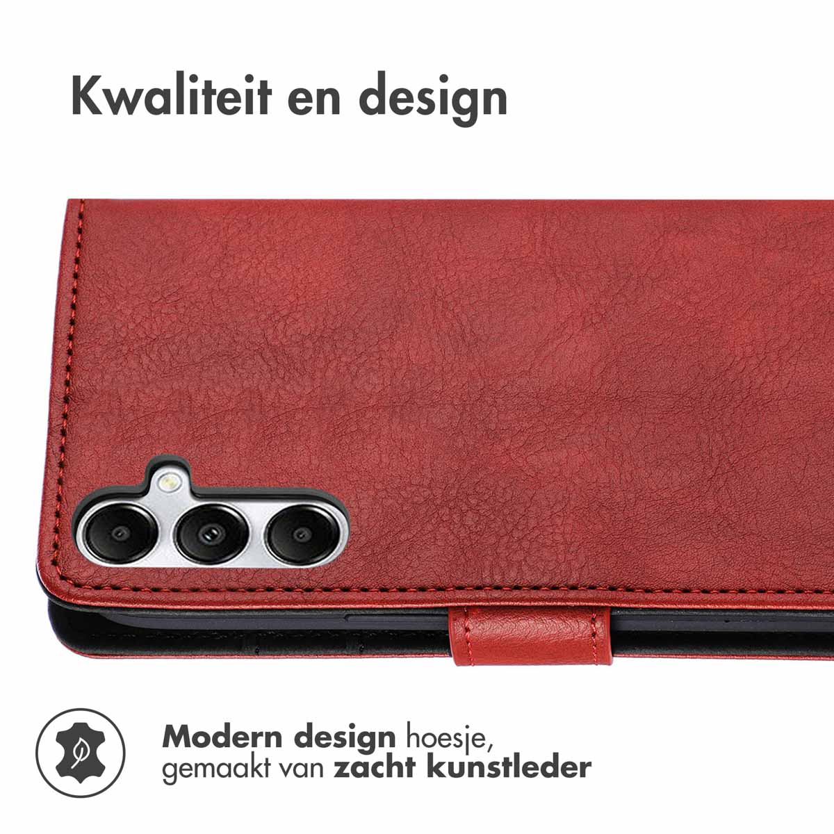 Eine rote Leder-Handyhülle, offen, mit modernem Design. Text besagt, aus weichem Kunstleder hergestellt.