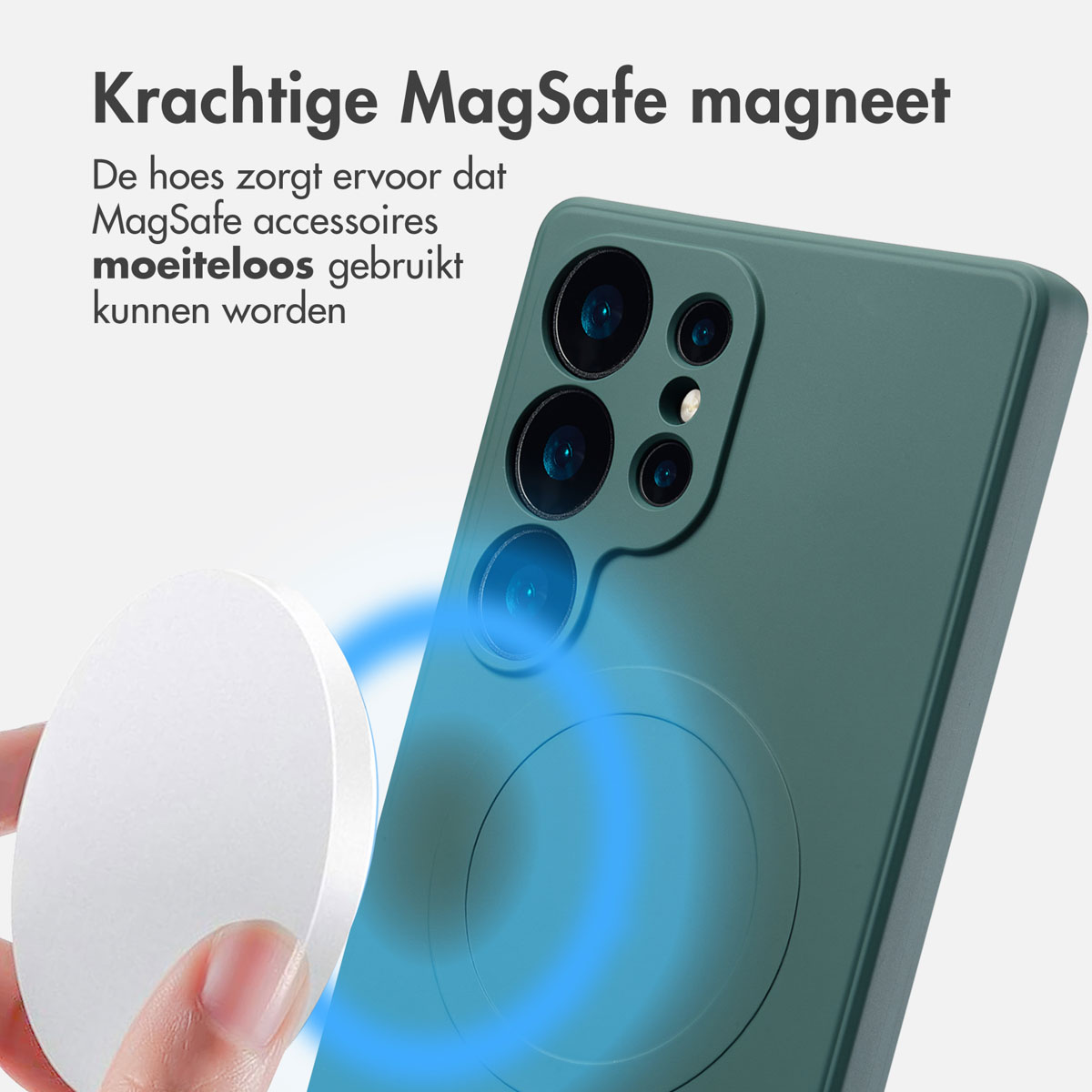 Groene telefoonhoes met een witte cirkel en een witte schijf. De hoes zit op een telefoon.
