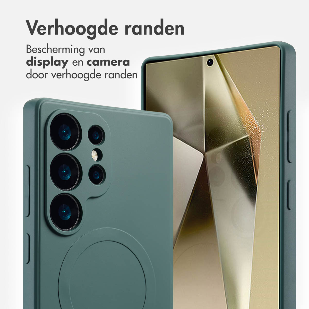 Groene telefoonhoes met drie camera's, met verhoogde randen voor scherm- en camerabescherming.