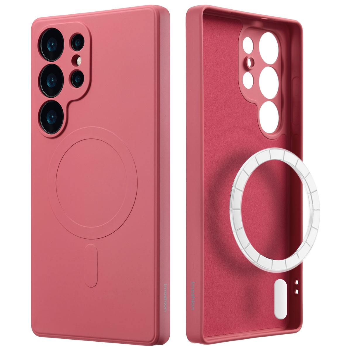 Twee roze telefoonhoesjes, één met een witte ring. De hoes is open en toont de binnenkant.