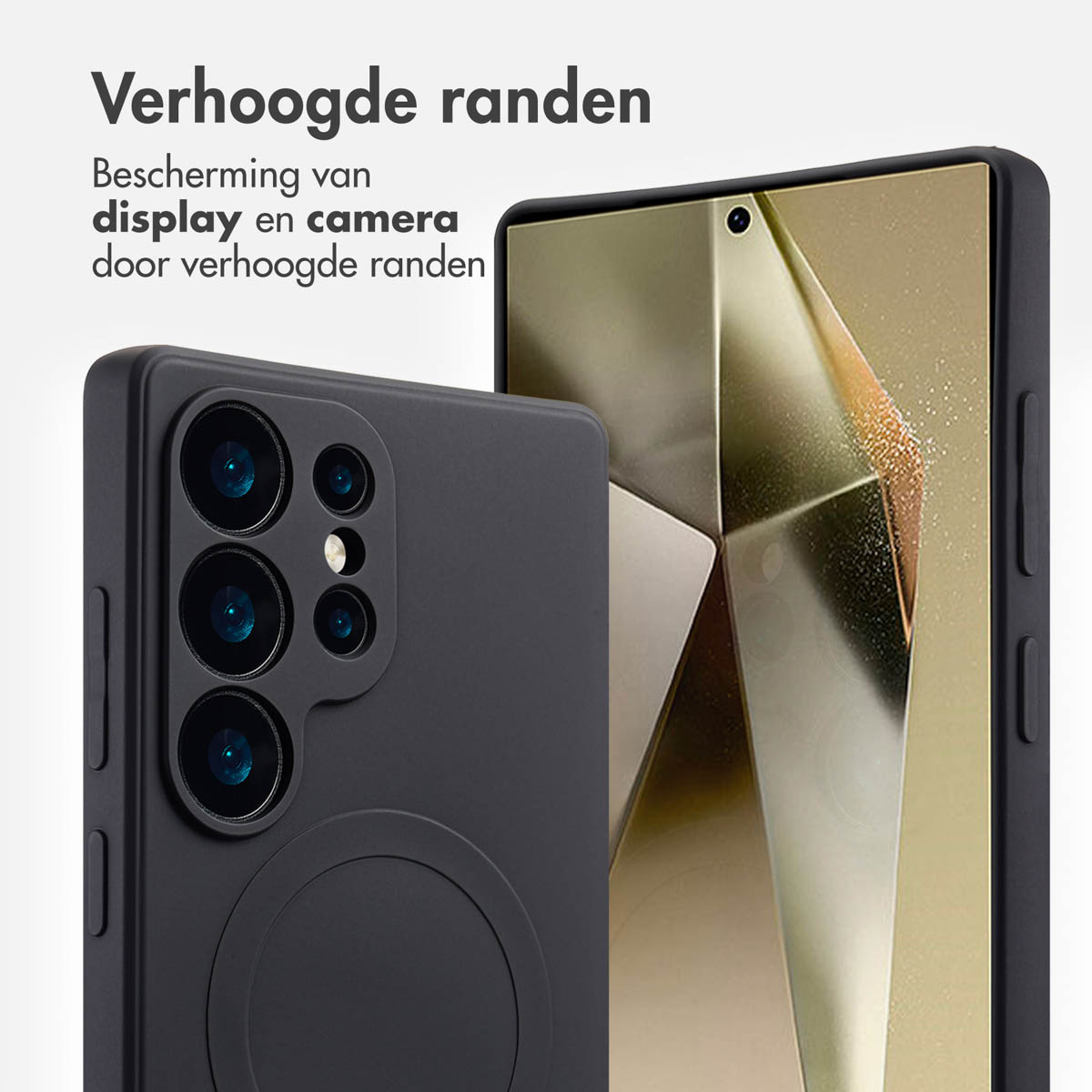 Zwarte telefoonhoes met telefoon. De hoes beschermt camera en display.