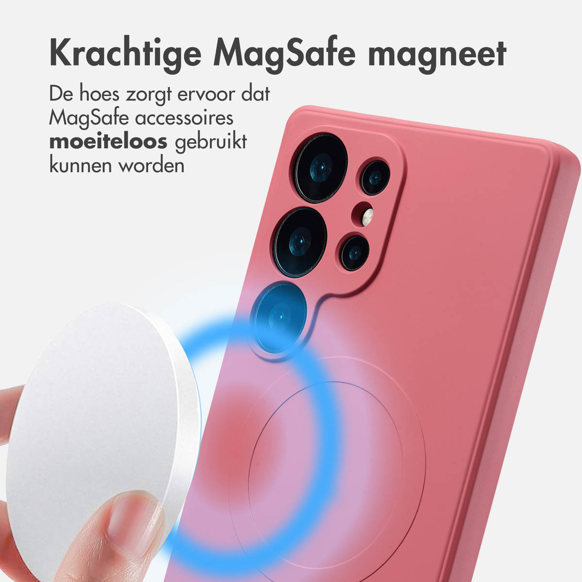 Een roze telefoonhoes met een witte draadloze oplader erop geplaatst. Blauw magnetisch veld zichtbaar.