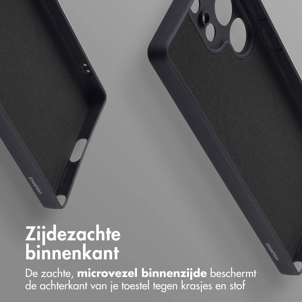 Zwarte telefoonhoes binnenkant met zachte microvezel voering, zijdezacht interieur.