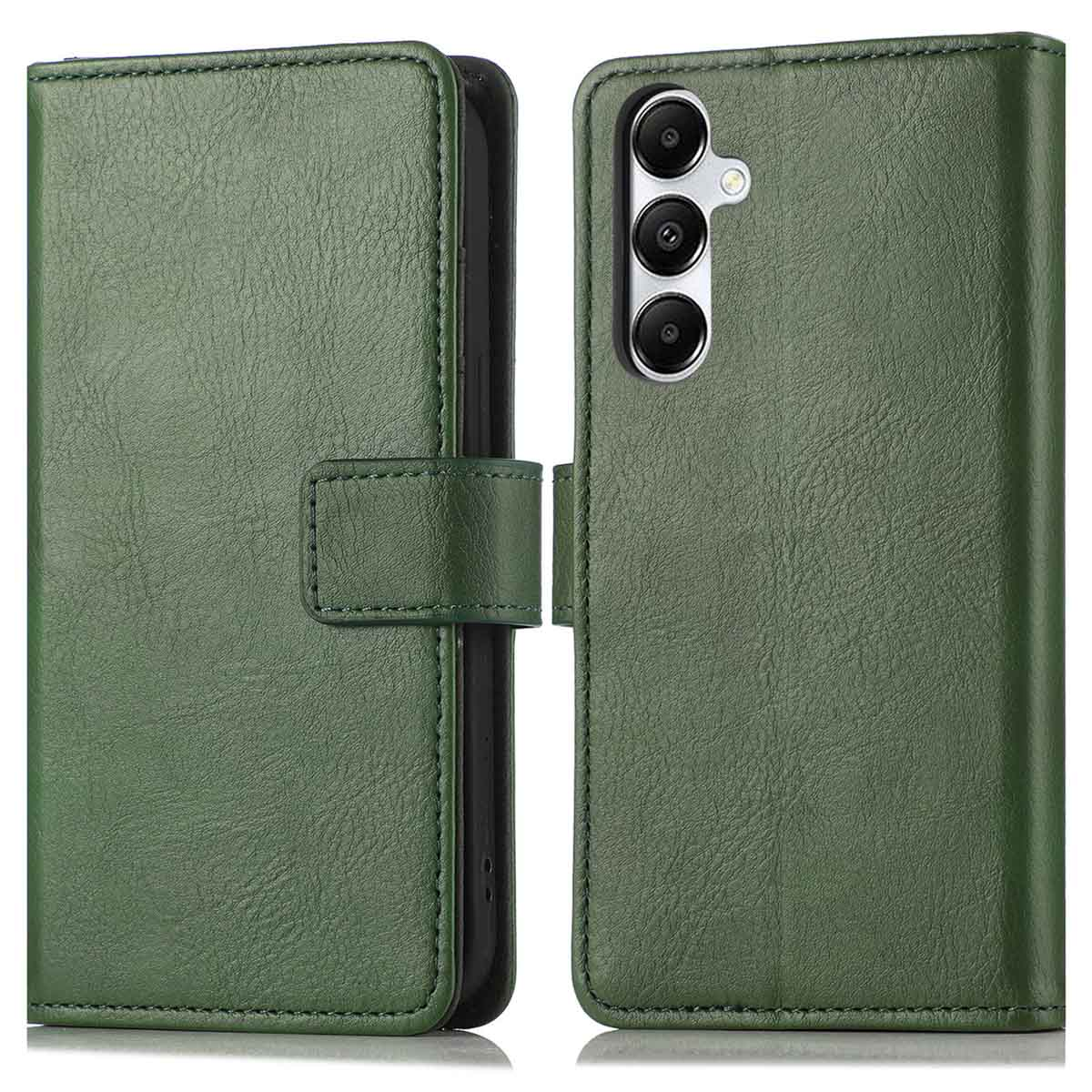 Étui de téléphone en cuir vert plié, montrant l'avant et l'arrière.