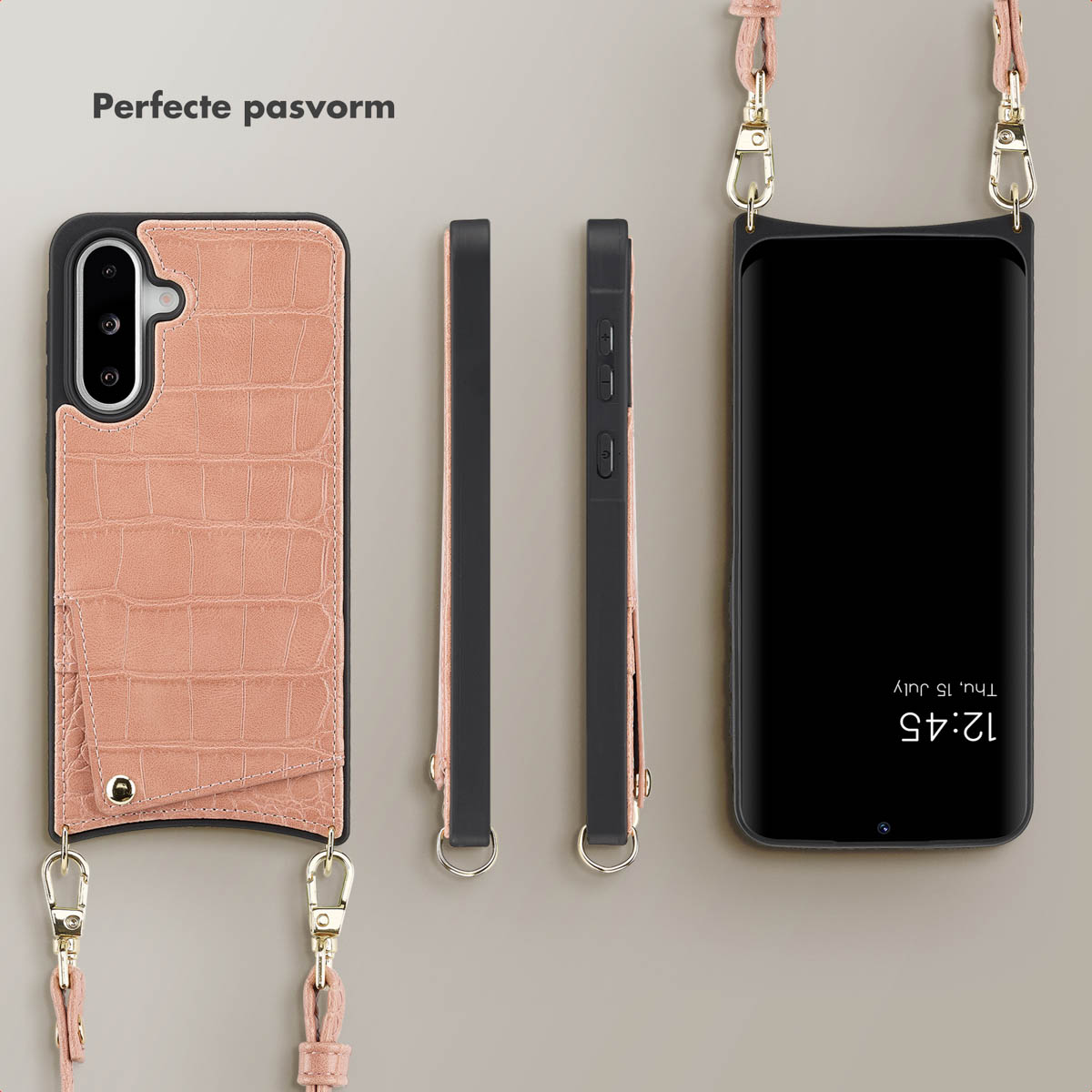 SELENCIA Nova Croco Backcover met koord en pashouder - Geschikt voor Samsung Galaxy A36 / A56 - Telefoonhoesje voor Samsung Samsung Galaxy A36/Samsung Galaxy A56 (5G) Roze