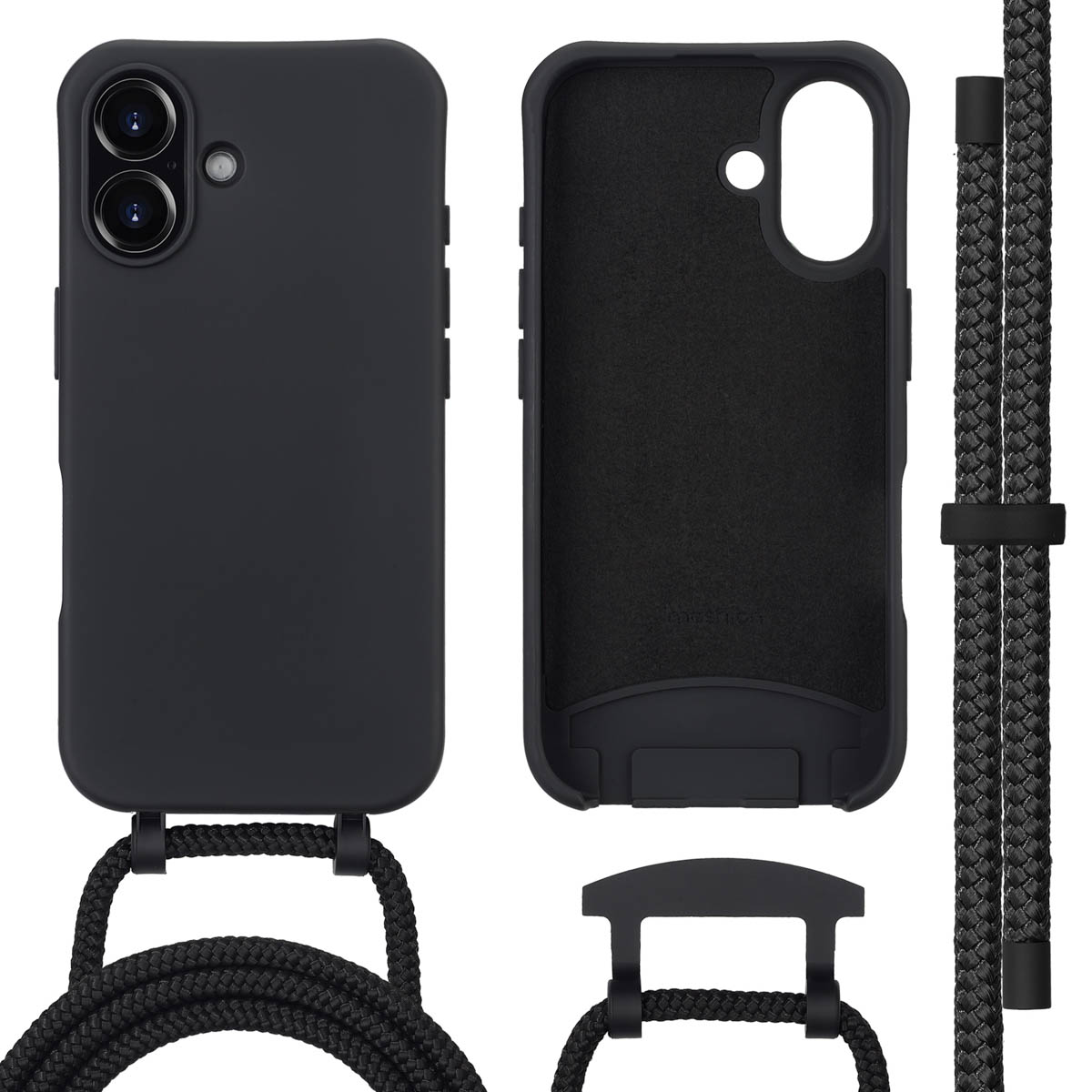 Zwarte telefoonhoes en accessoires, met een telefoon erin, op witte achtergrond.