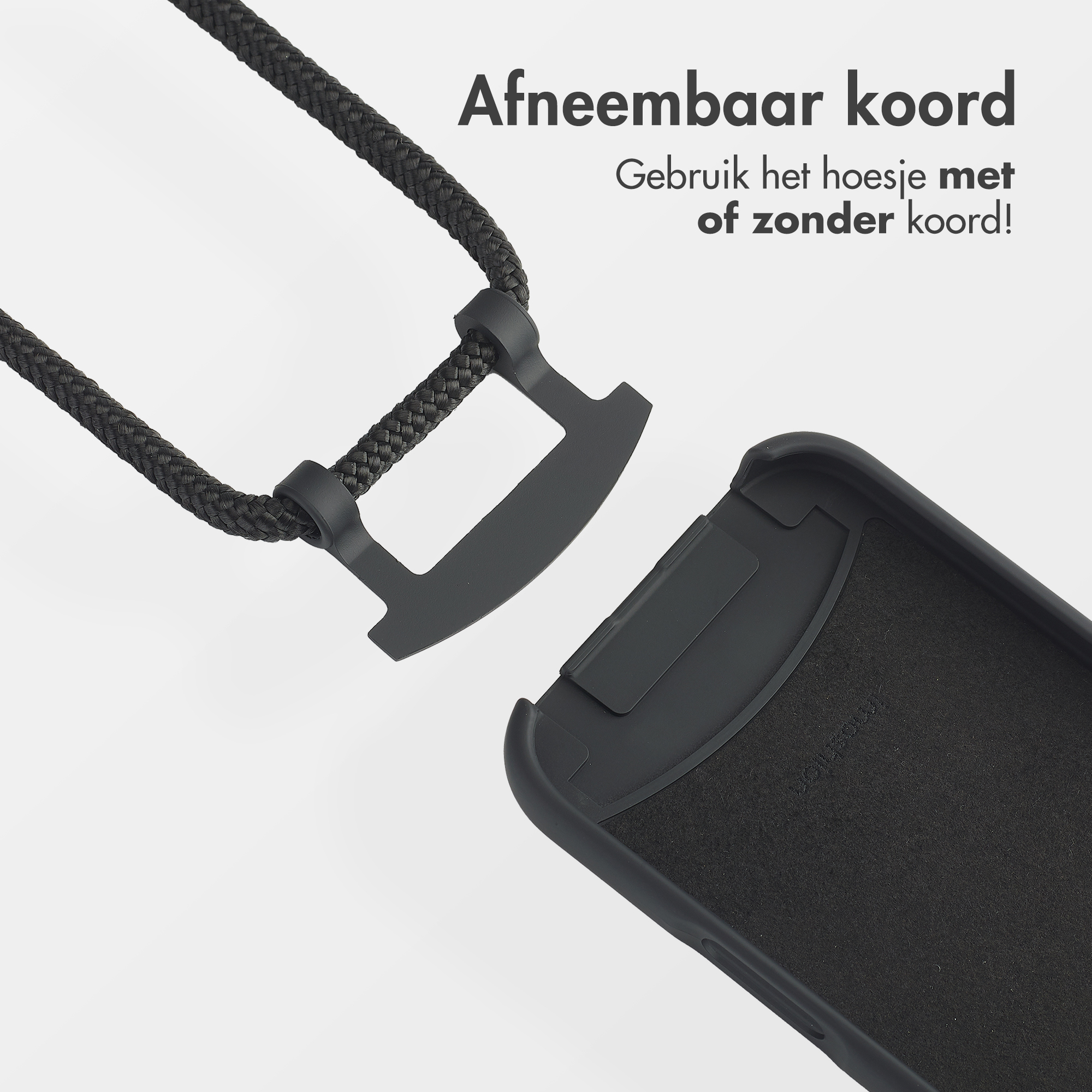 Een telefoonhoesje met een afneembare koord. De tekst zegt 'Afneembaar koord', en het is zwart.