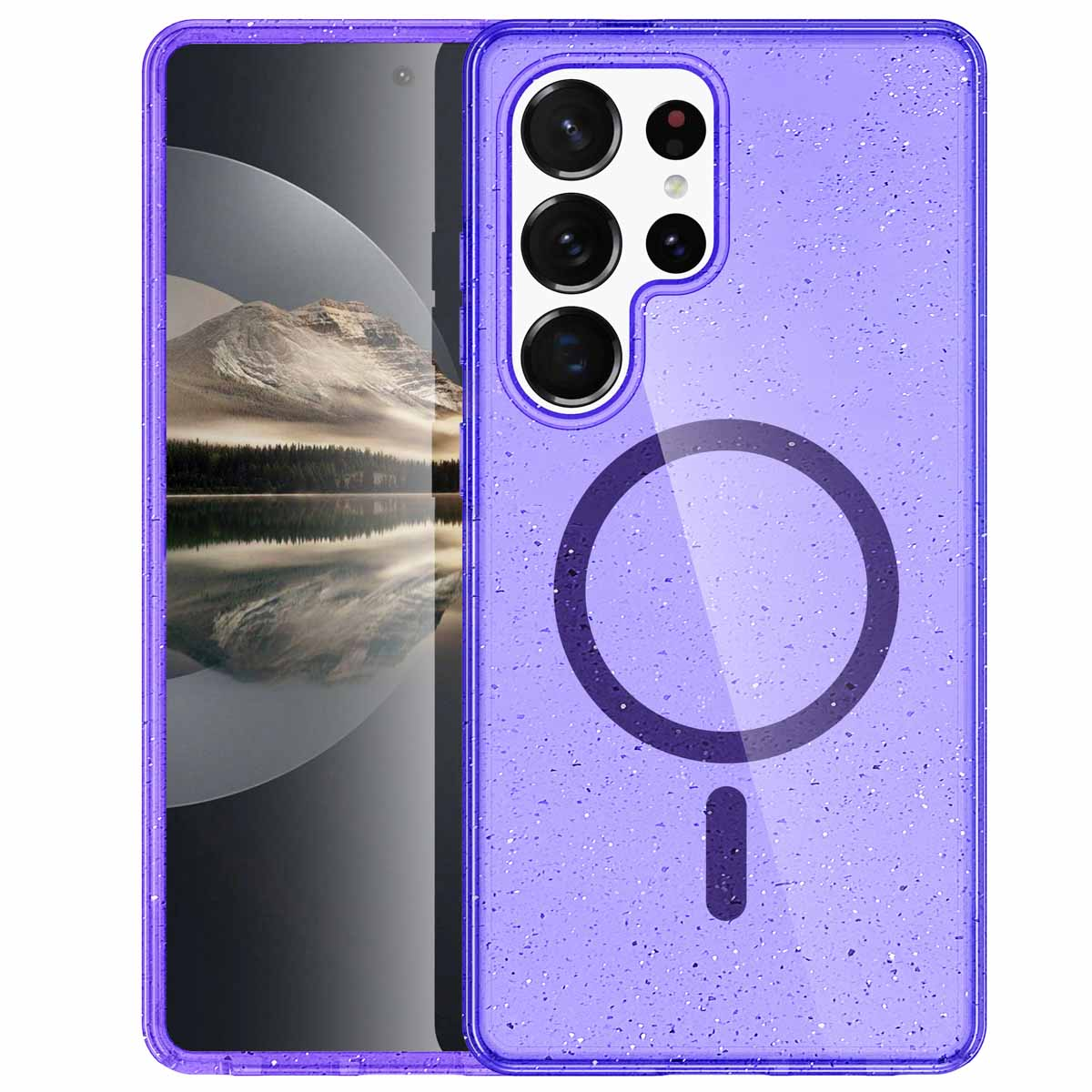 Paars telefoonhoesje met een telefoon erin. De hoes heeft een MagSafe cirkel en een camera uitsparing.