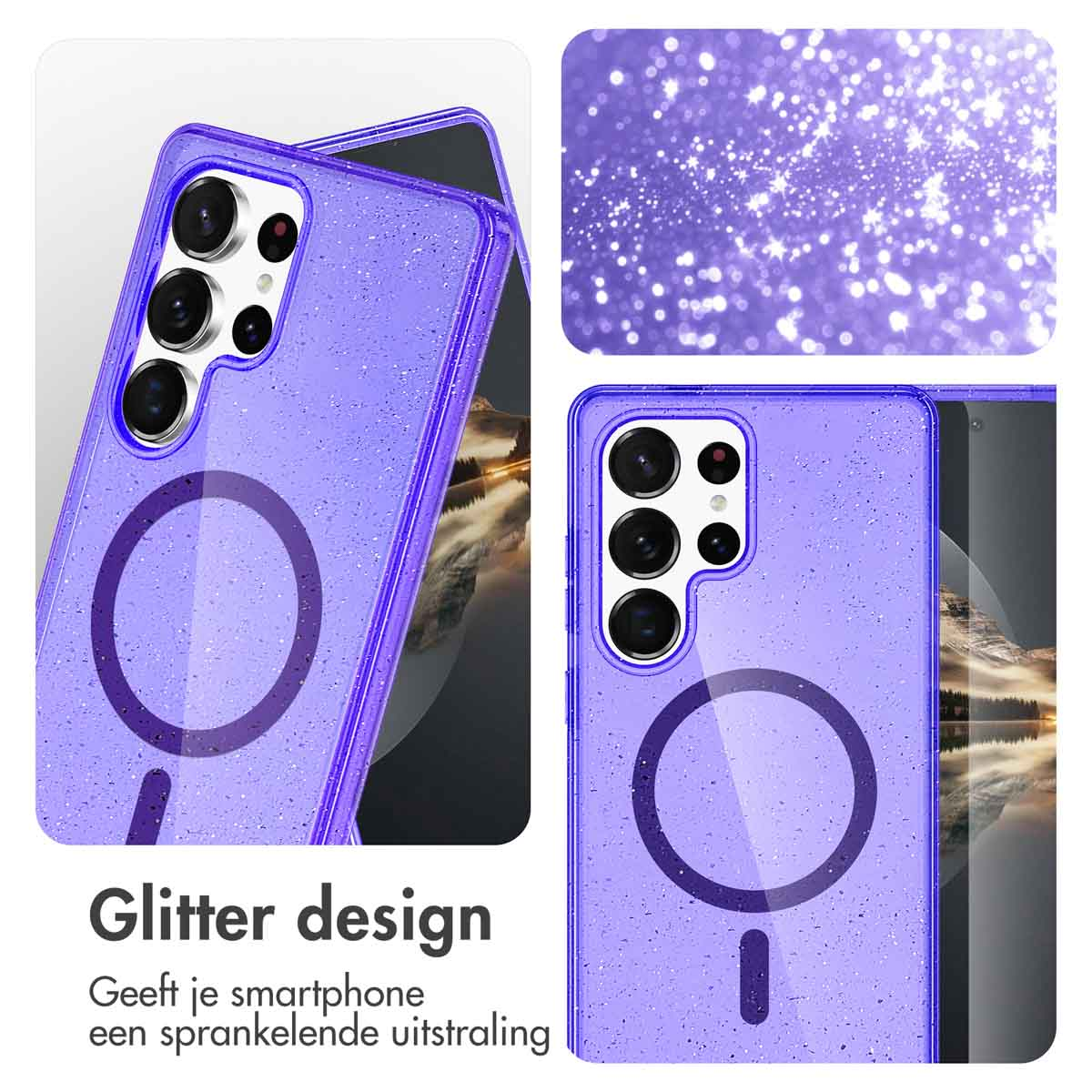 Paars telefoonhoesje met glitter design. Tekst: Glitter design. Geeft je smartphone een sprankelende look.