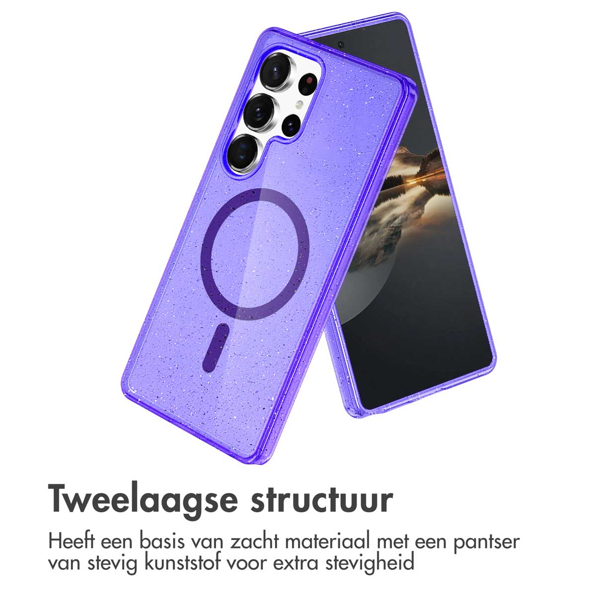 Paarse telefoonhoes met een zwarte telefoon. De tekst zegt tweelaagse structuur. De hoes ligt op een wit oppervlak.