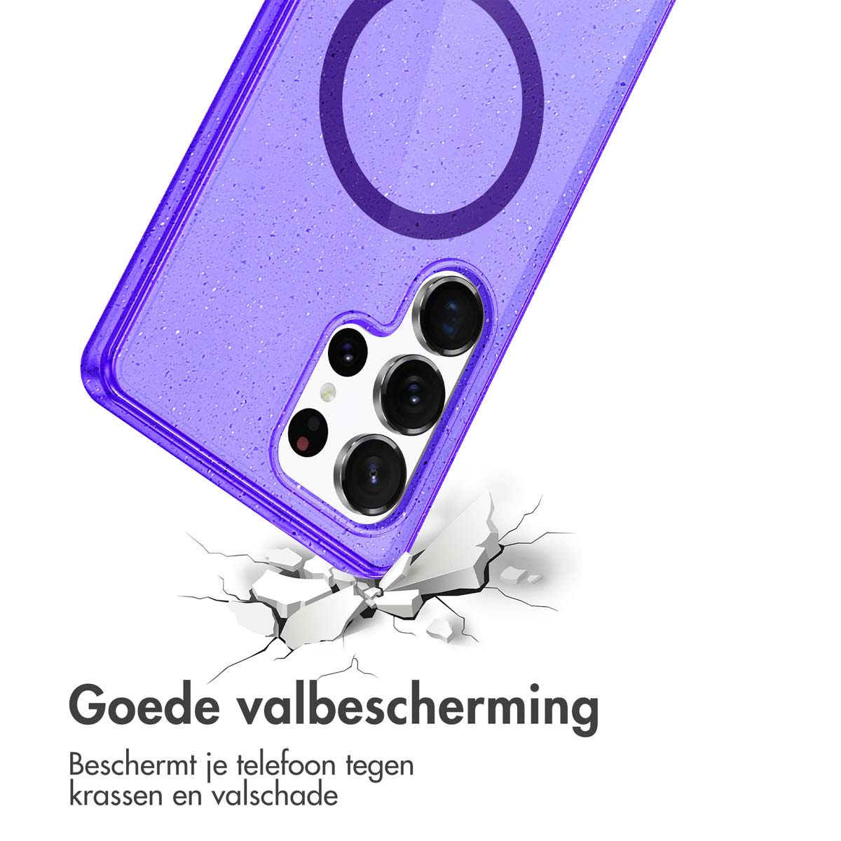 Een paarse telefoonhoes breekt. Tekst: 'Goede valbescherming'.