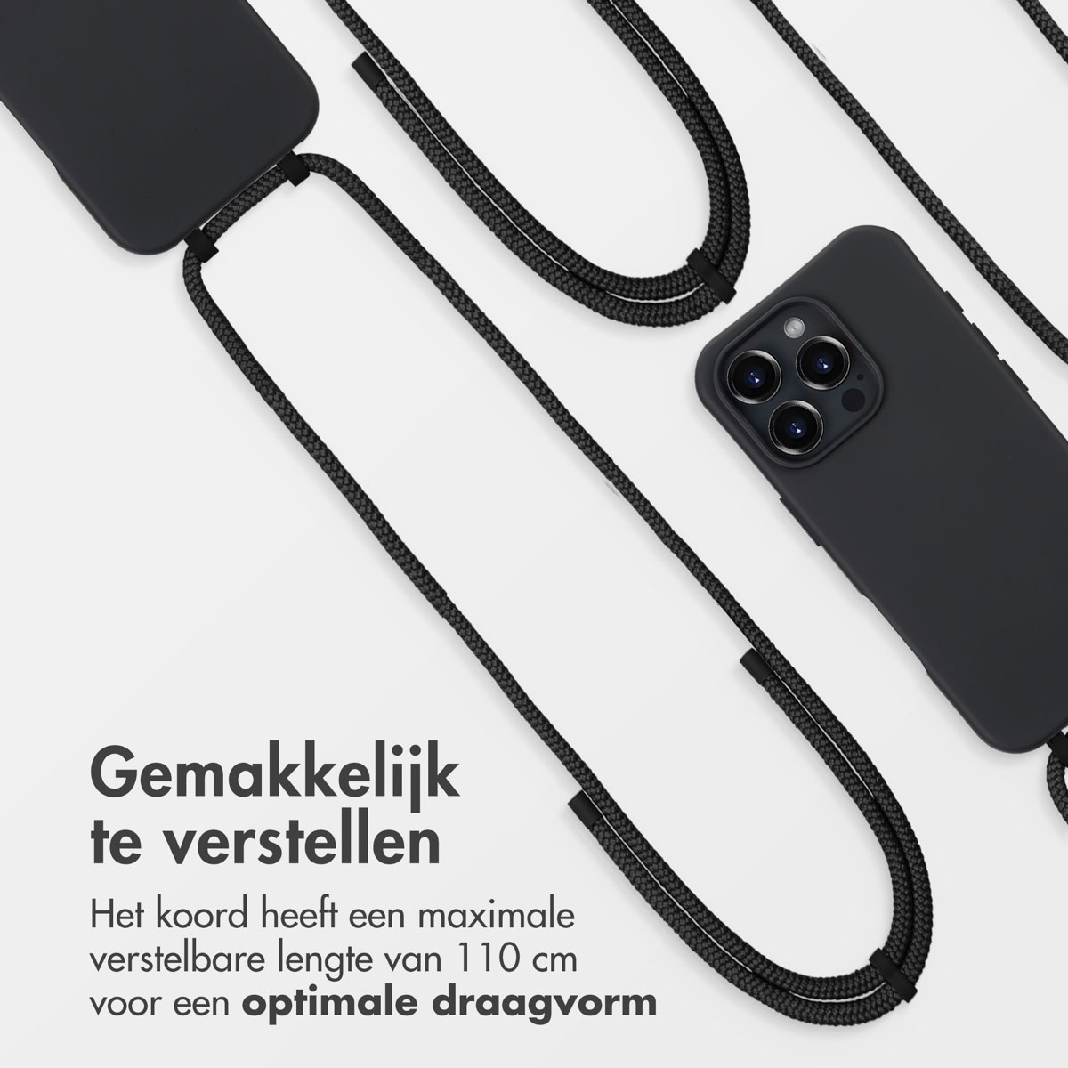 Deux téléphones avec une corde noire sont montrés. Les téléphones ont des coques noires.