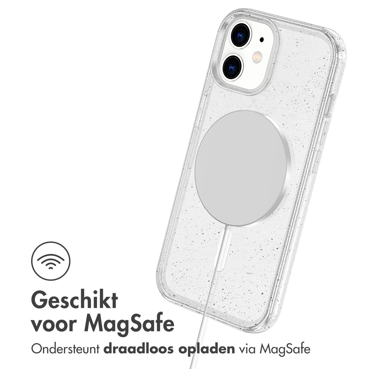 Un telefono in una custodia trasparente con un anello MagSafe. Testo: Adatto per MagSafe. Ricarica wireless.