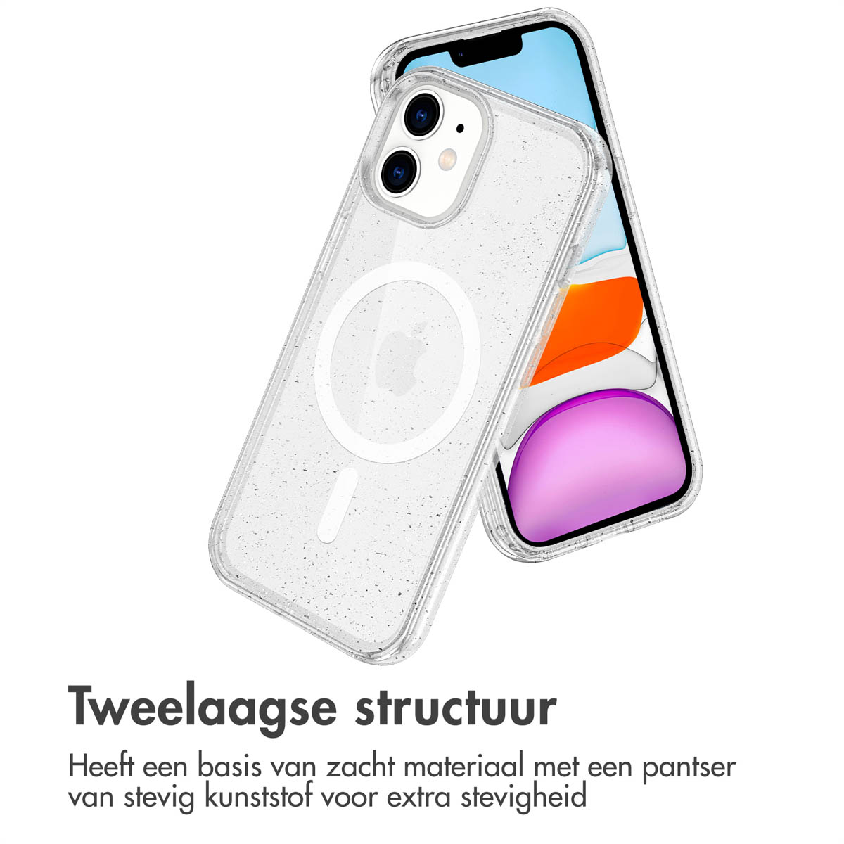 Custodia trasparente per telefono con effetto glitter, mostra un telefono. Testo in olandese.
