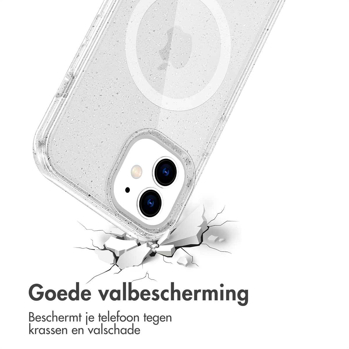 Custodia per telefono con design trasparente. Testo: Buona protezione dalle cadute, protegge il telefono da graffi e danni.