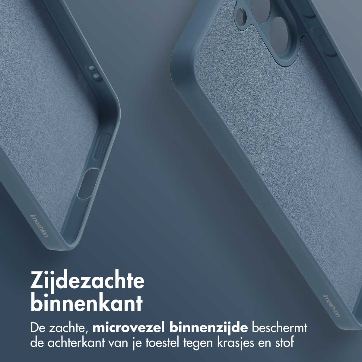 Twee blauwe telefoonhoesjes. De binnenkant is zacht. De afbeelding toont details.