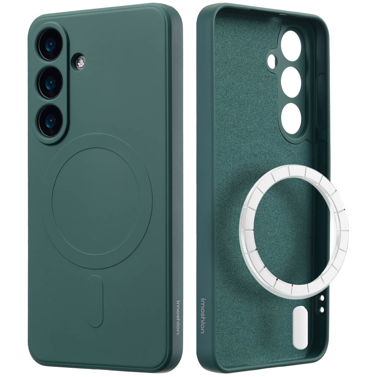 Telefoonhoesje in twee delen, groen. Eén deel binnen, het andere buiten. Witte achtergrond.