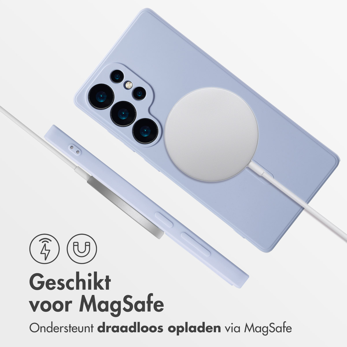 Een blauwe telefoon met een witte MagSafe-oplader. Tekst: Geschikt voor MagSafe, ondersteunt draadloos opladen.