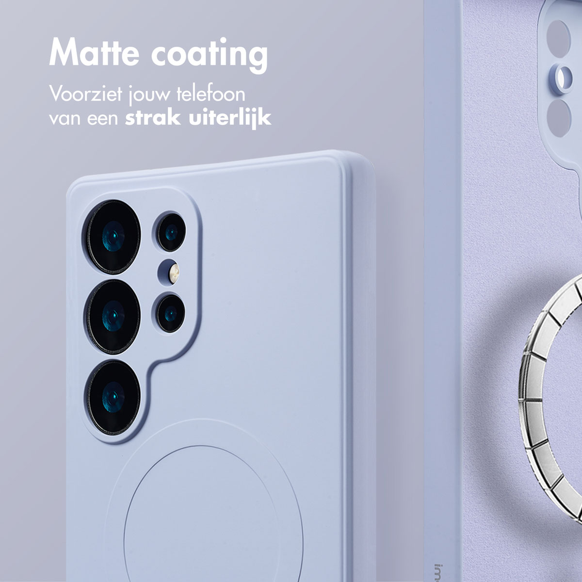 Een paars telefoonhoesje met een telefoon erin. De telefoonhoes heeft een matte afwerking.