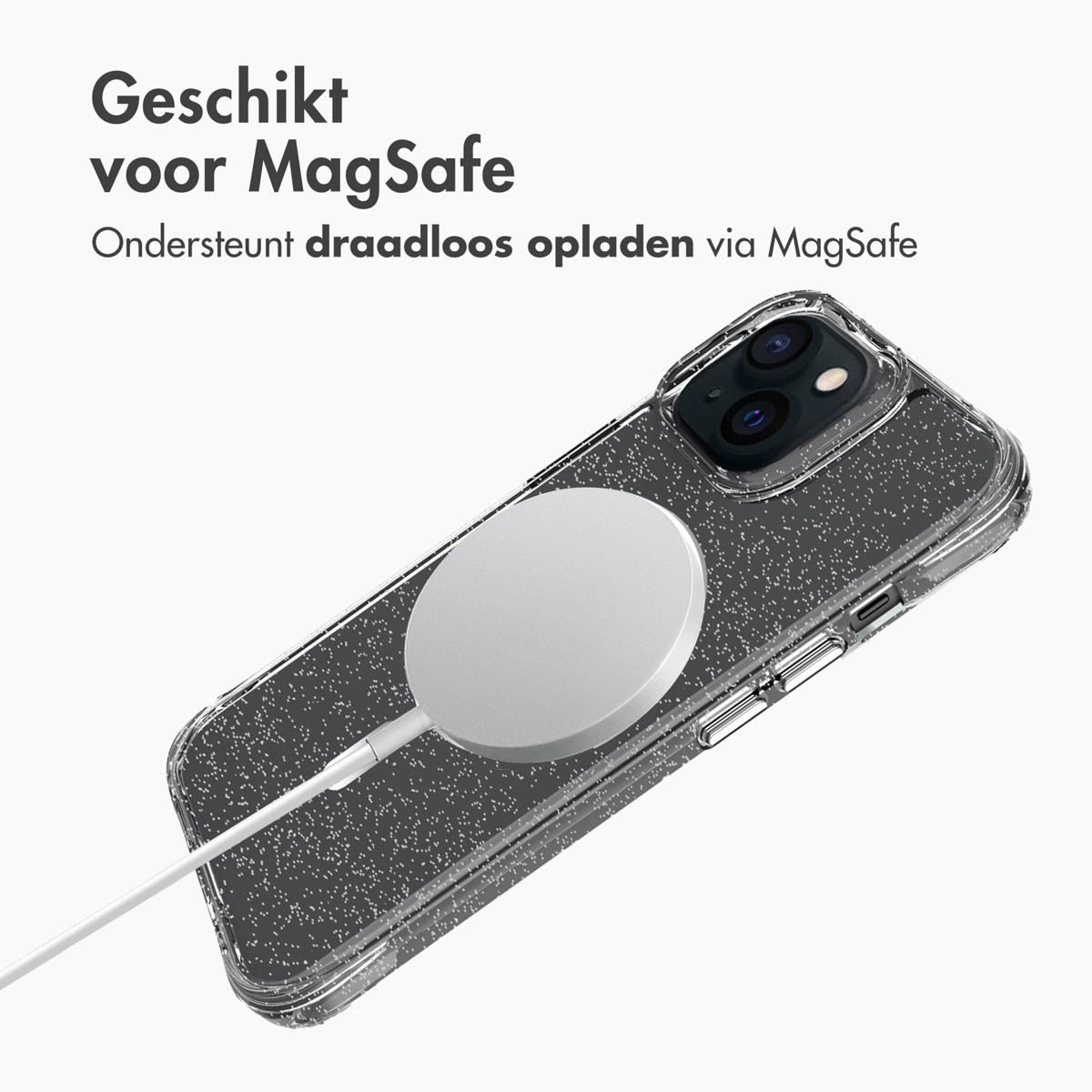 Een telefoon die draadloos oplaadt met een witte oplader. De telefoon zit in een doorzichtig hoesje.