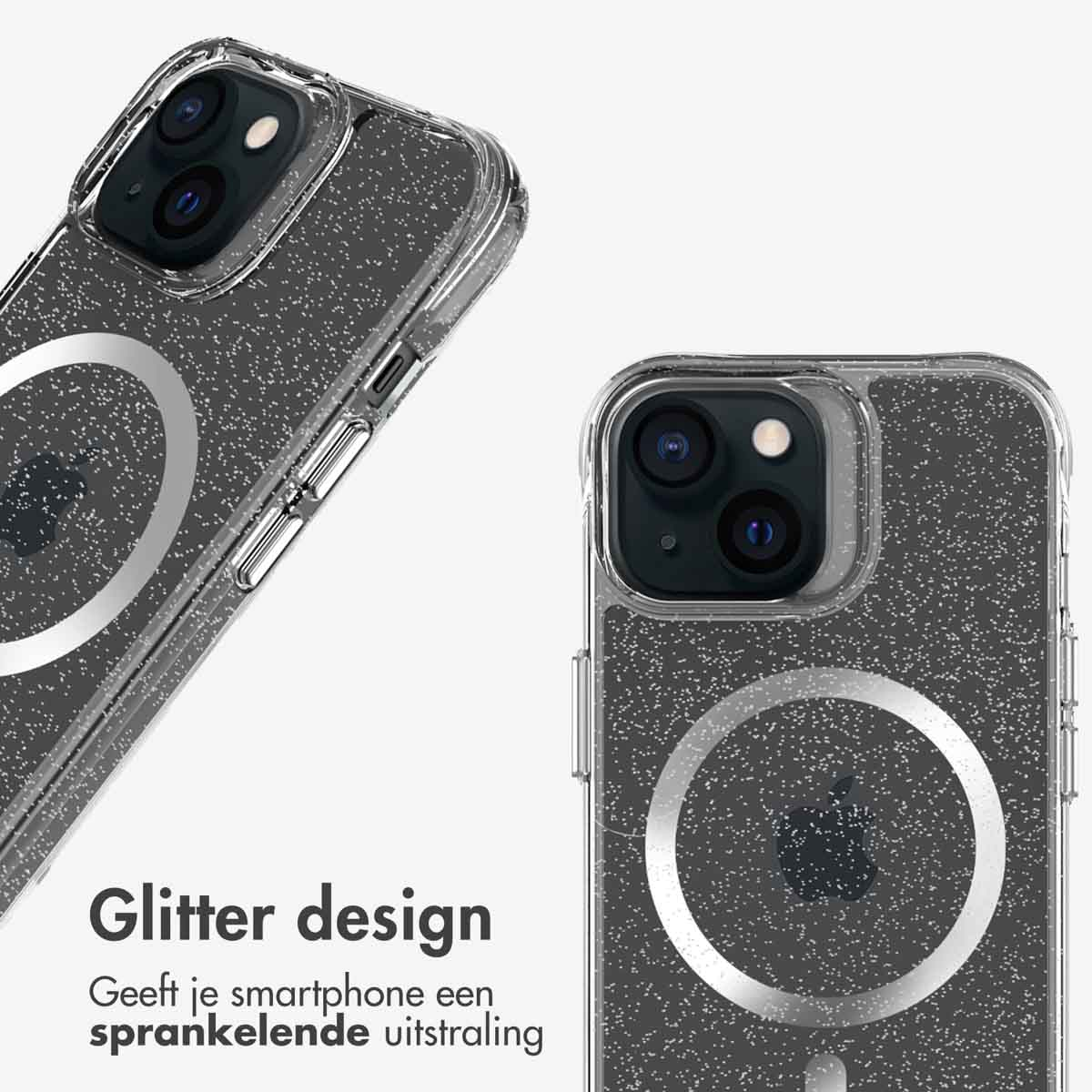 Twee telefoonhoesjes met glitterdesign en MagSafe-cirkel. Licht reflecteert op het oppervlak.