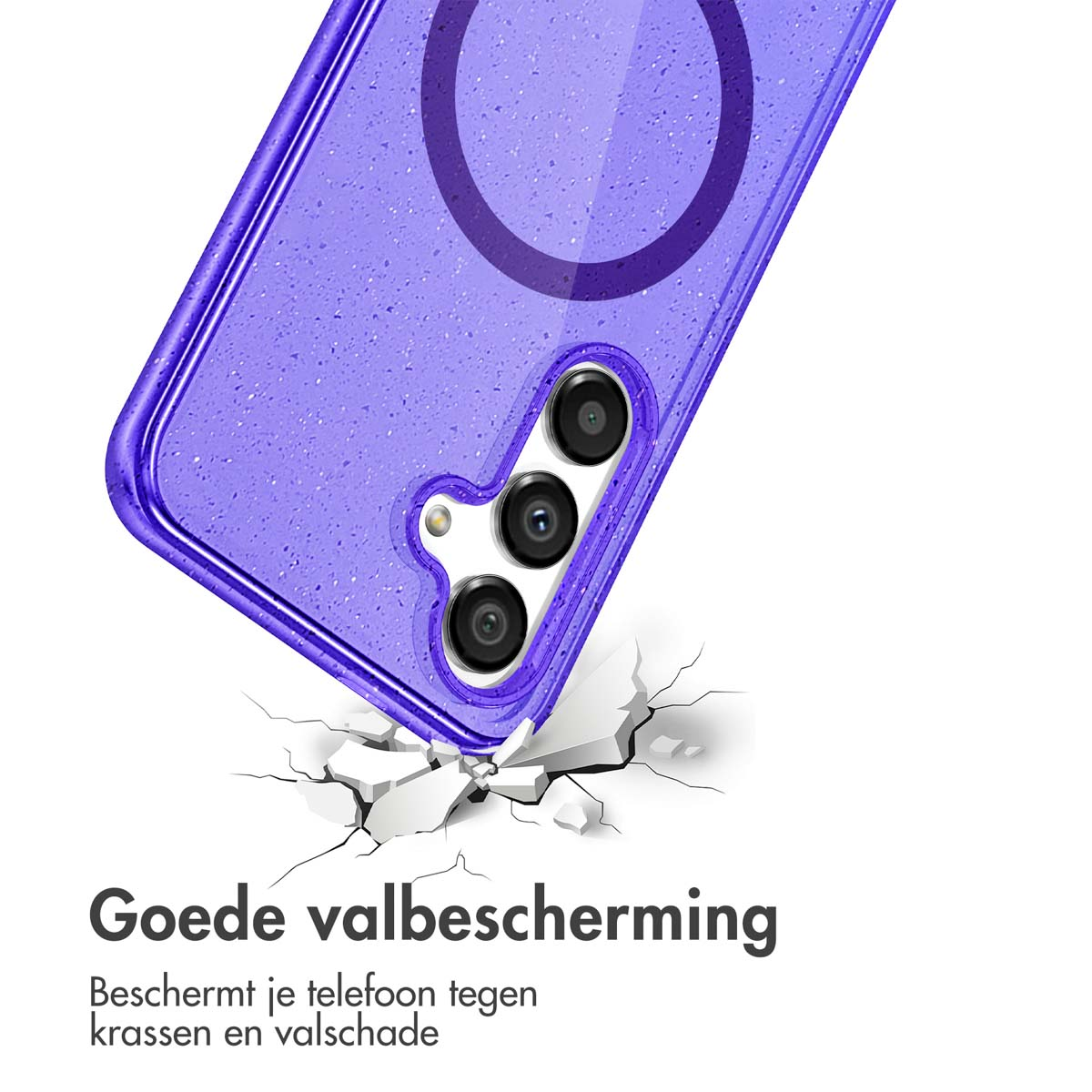 Paarse telefoonhoes met scheuren. Tekst: 'Goede valbescherming. Beschermt tegen krassen'.