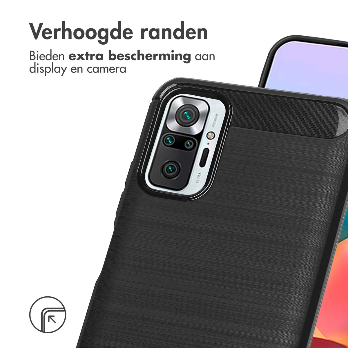 Zwarte telefoonhoes. De afbeelding toont een zwarte telefoonhoes met een gestructureerd oppervlak. De camera van de telefoon is zichtbaar.