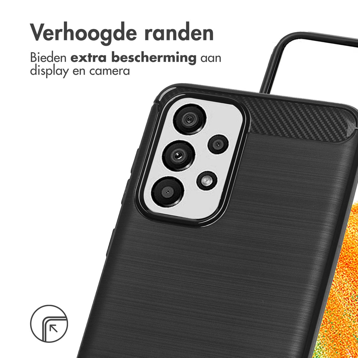 Coque de téléphone noire avec un téléphone. Texte : Verhoogde randen.