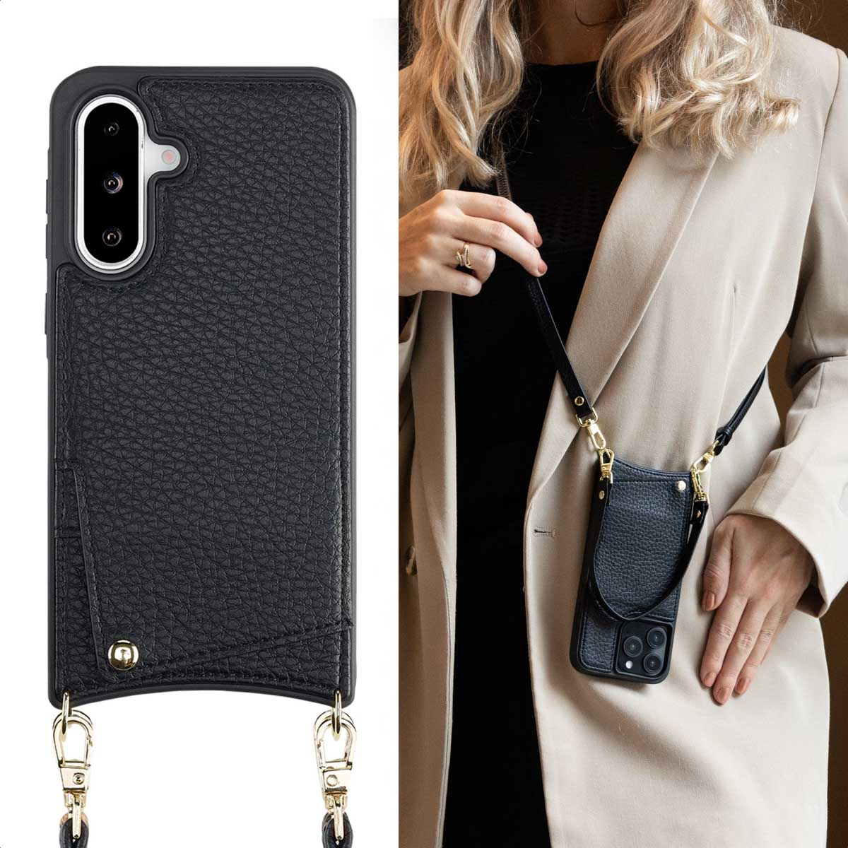 SELENCIA Nova Backcover met koord en pashouder - Geschikt voor Samsung Galaxy A36 / A56 - Telefoonhoesje voor Samsung Samsung Galaxy A36/Samsung Galaxy A56 (5G) Zwart