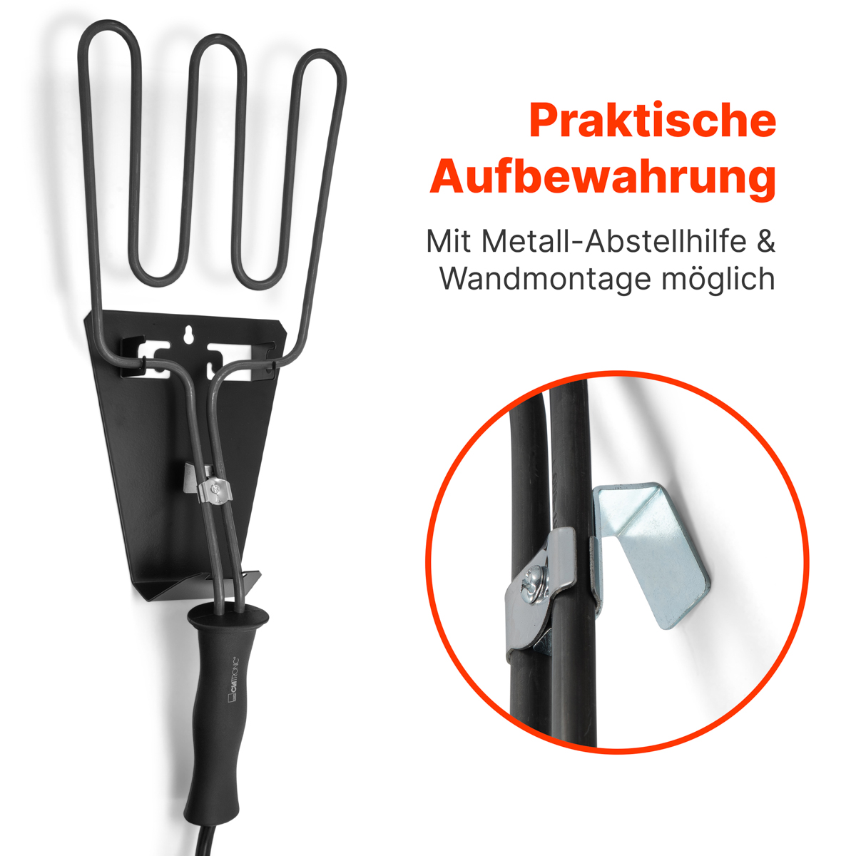 Czarny środek do czyszczenia grilla z uchwytem, zamontowany na ścianie. Uchwyt jest metalowy.