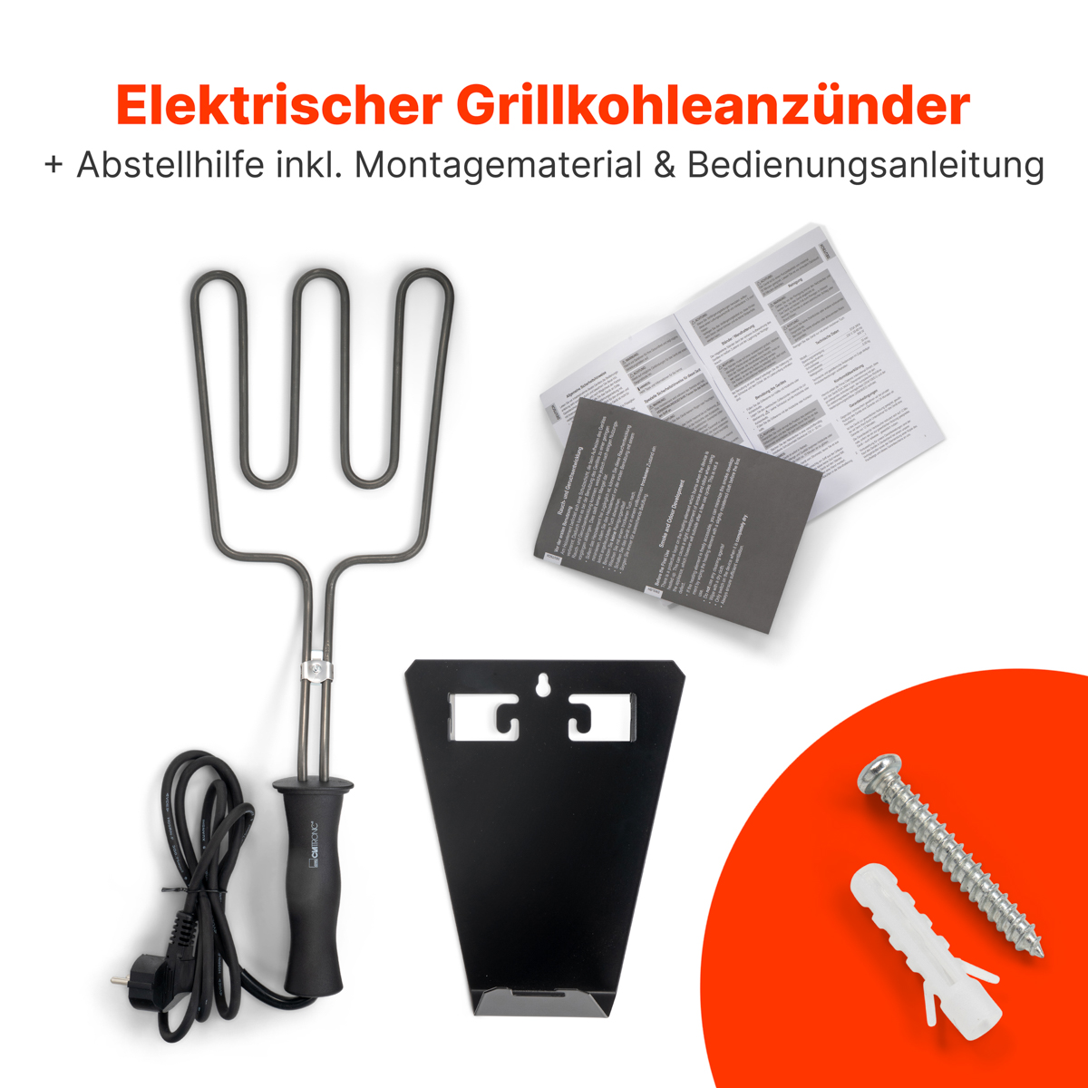 Elektryczna zapalarka do grilla z akcesoriami. Zawiera stojak, śruby i instrukcję obsługi.