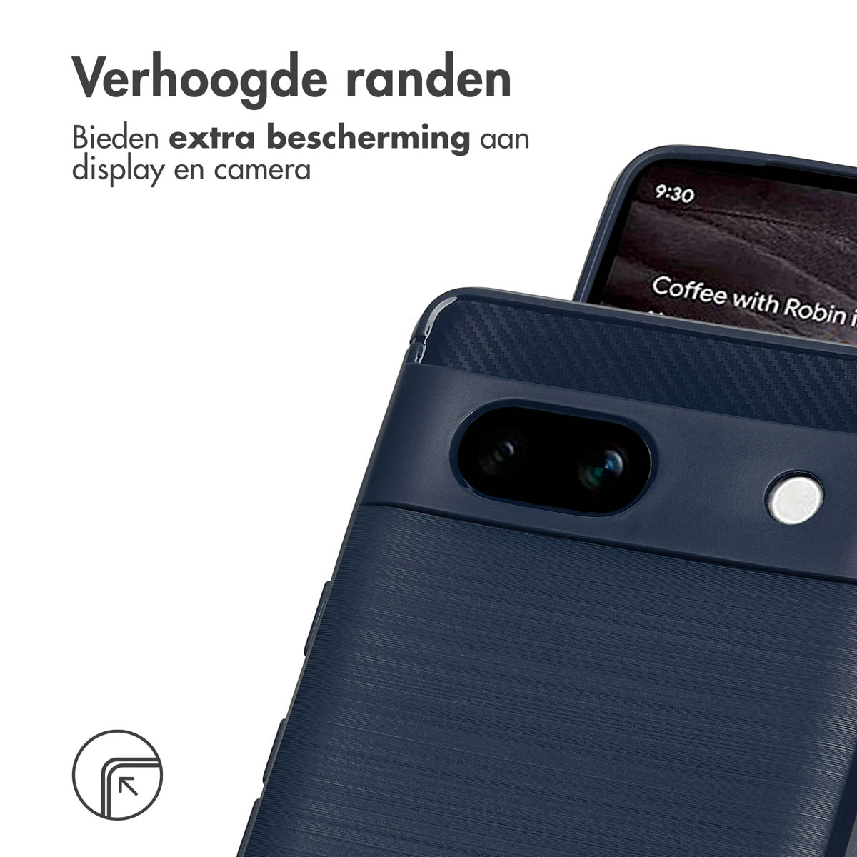 Un telefono in una custodia, che mostra i bordi. Testo: Bordi rialzati, offre protezione extra.