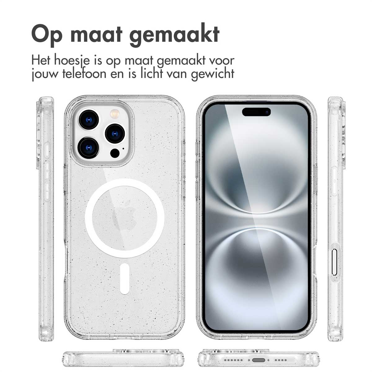 Transparante telefoonhoes met een witte cirkel. Telefoonhoesje met zijaanzichten en een telefoon erin.